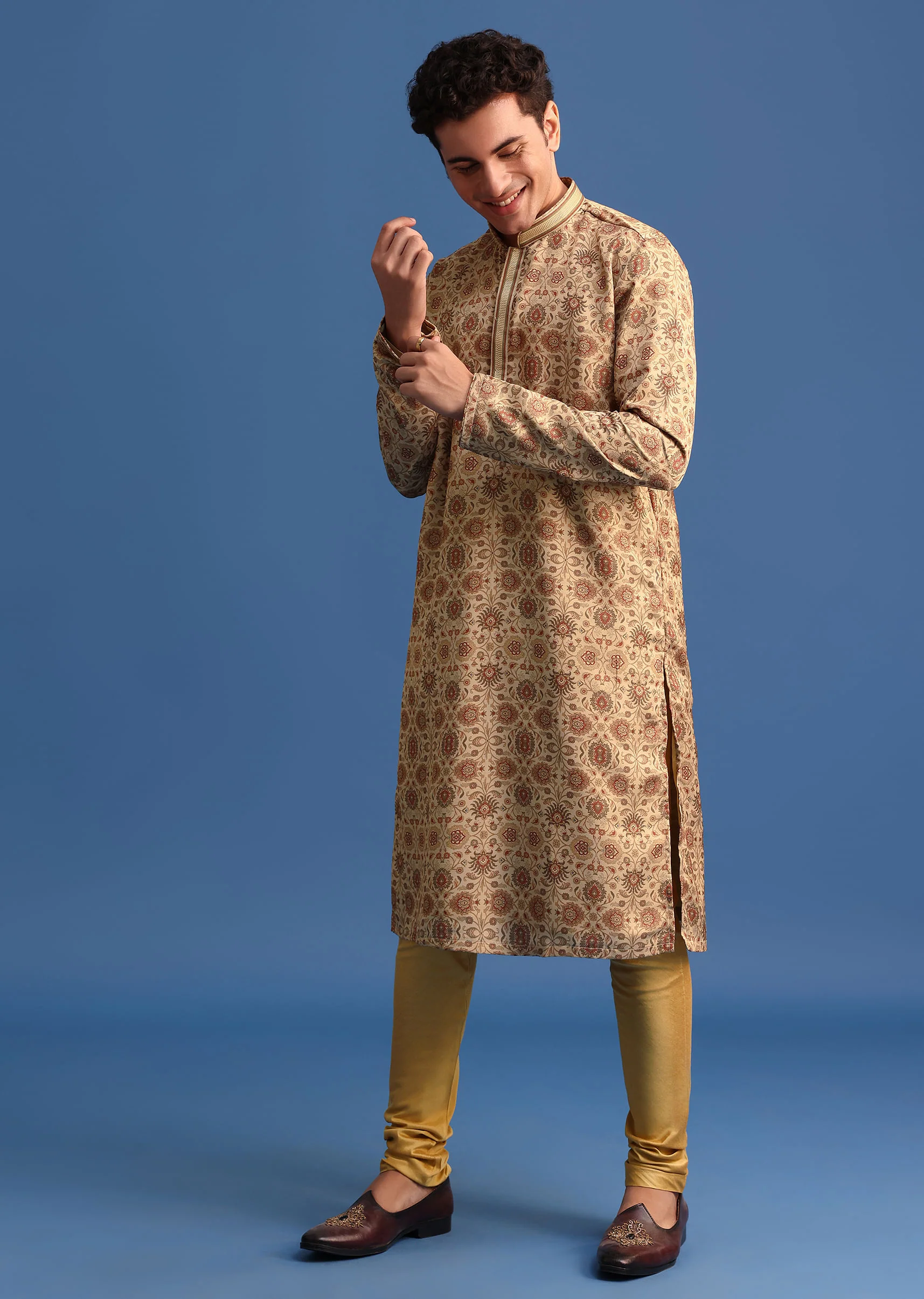 Beige Satin Printed Kurta Set For Men - Image 3