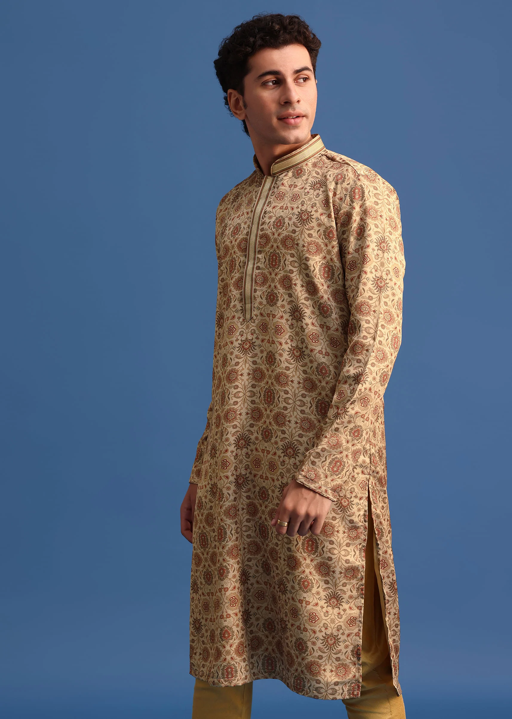 Beige Satin Printed Kurta Set For Men - Image 4