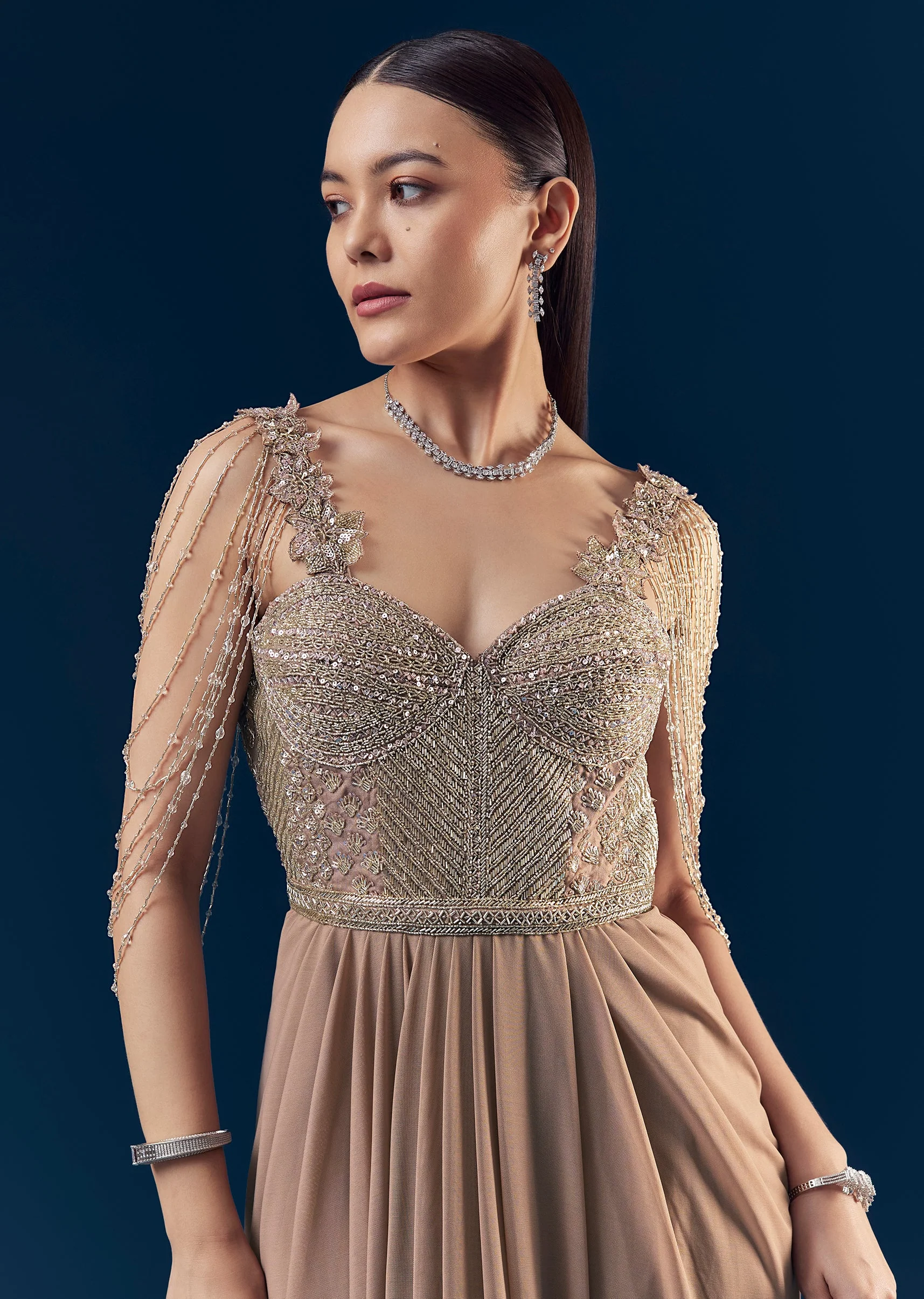 Beige Sequin Embellished Sheer Draped Gown - Image 3
