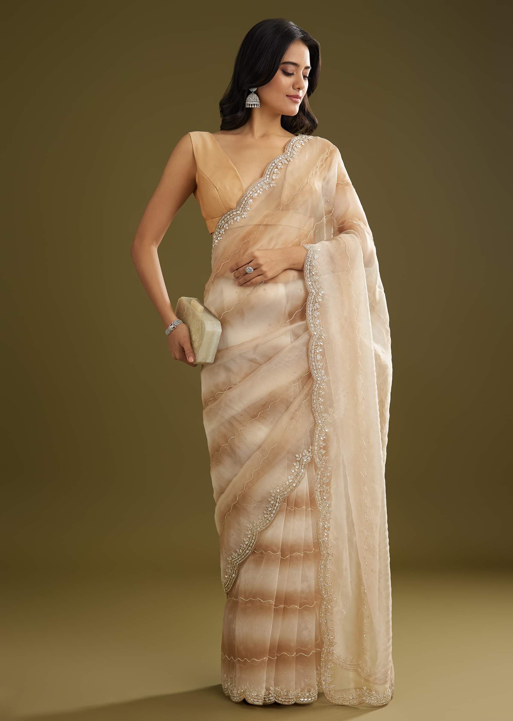 Beige Shaded Glass Tissue Saree With Stone Embellishment - Image 3