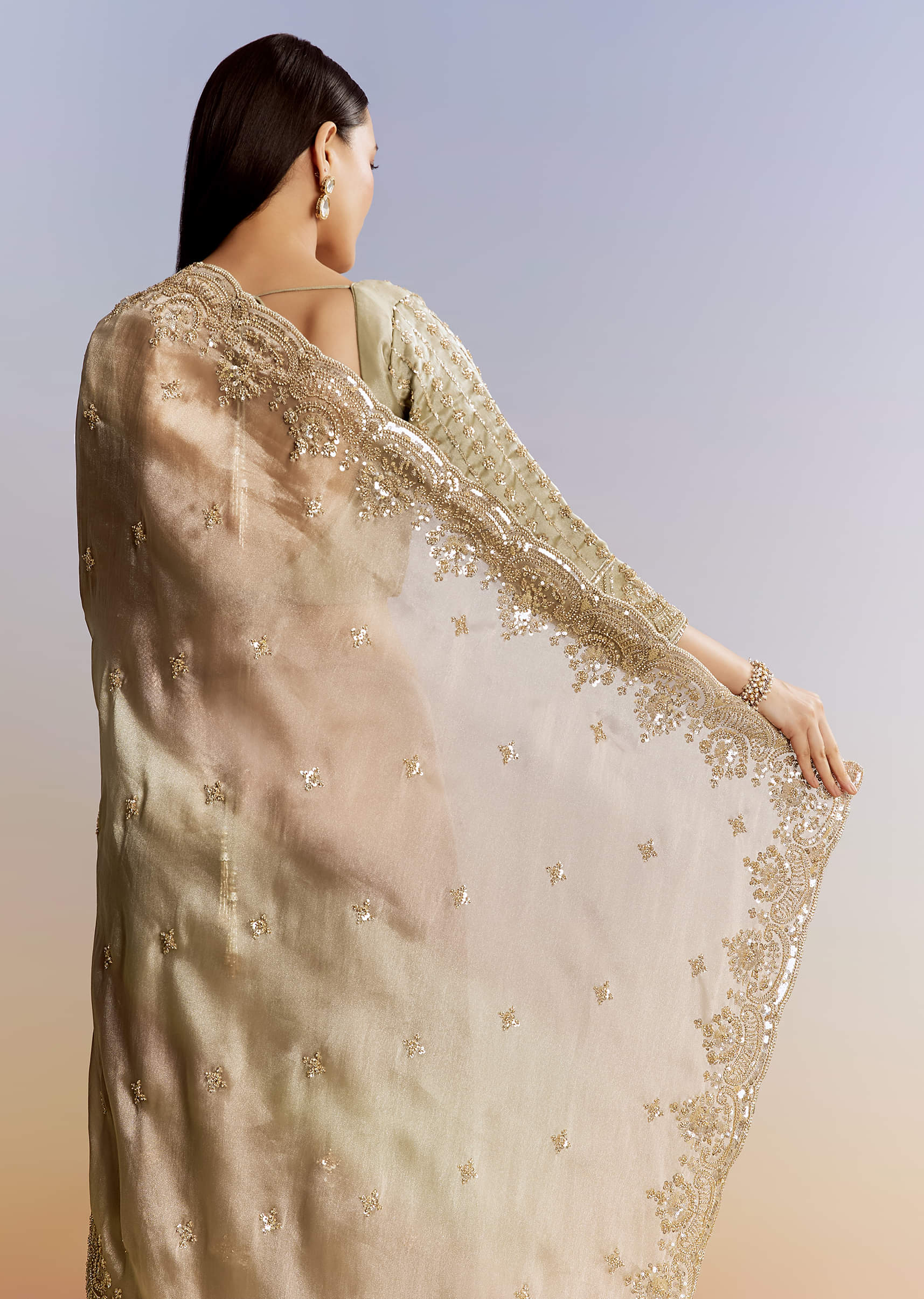 Beige Shaded Tissue Saree With Sequins Beads And Cutdana - Image 6