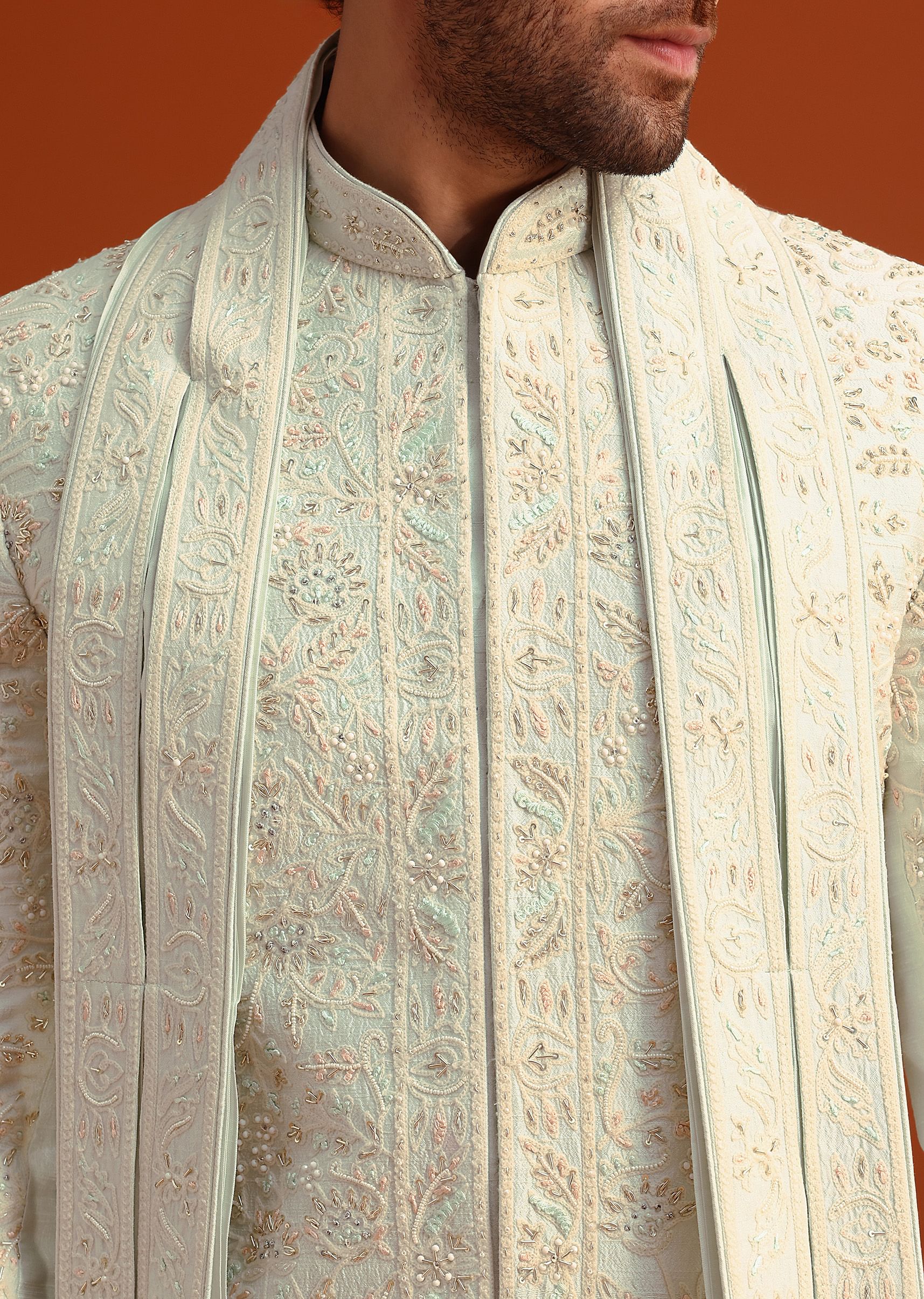 Beige Sherwani Set With Dupatta With Hand Work - Image 2