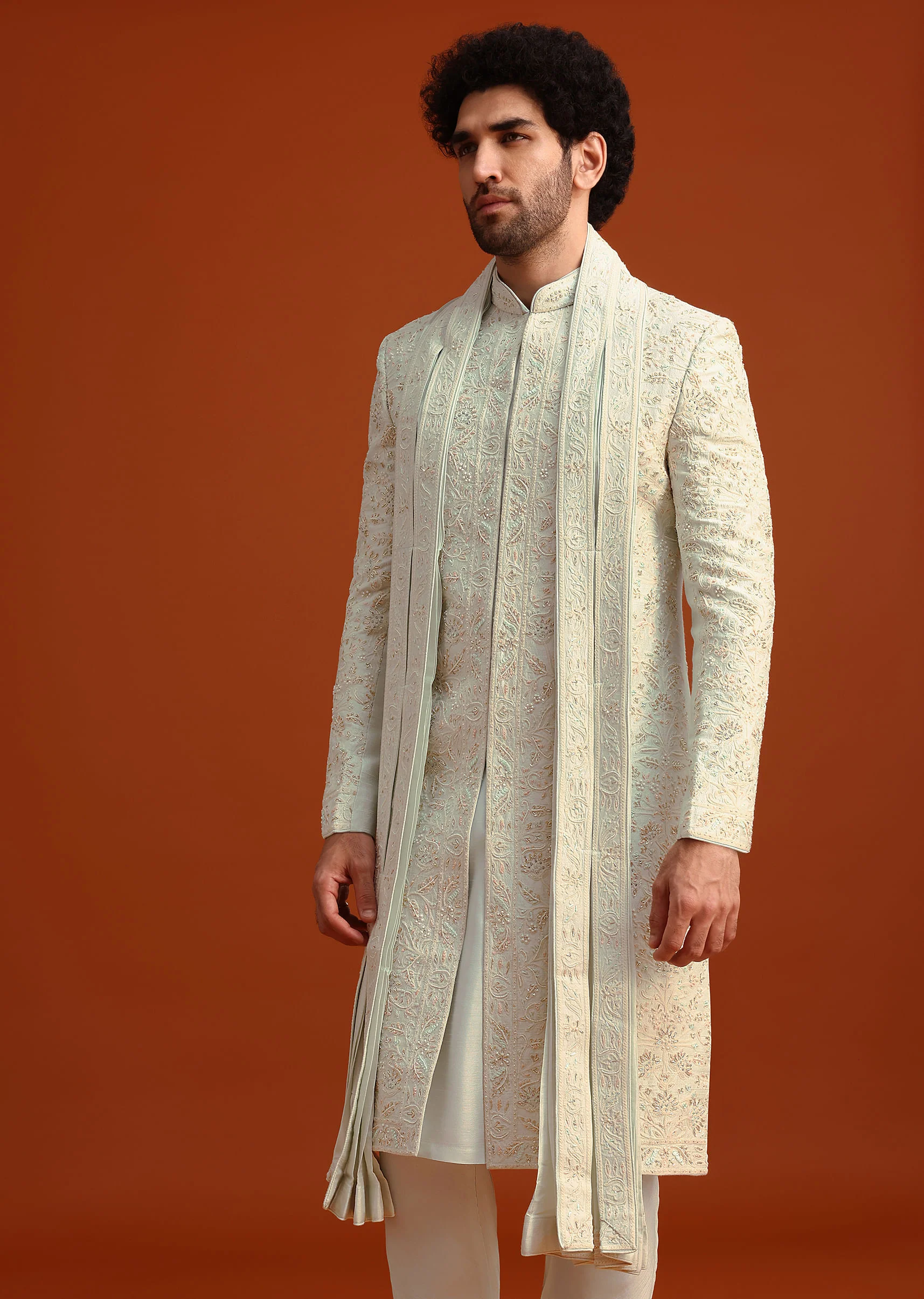 Beige Sherwani Set With Dupatta With Hand Work - Image 4