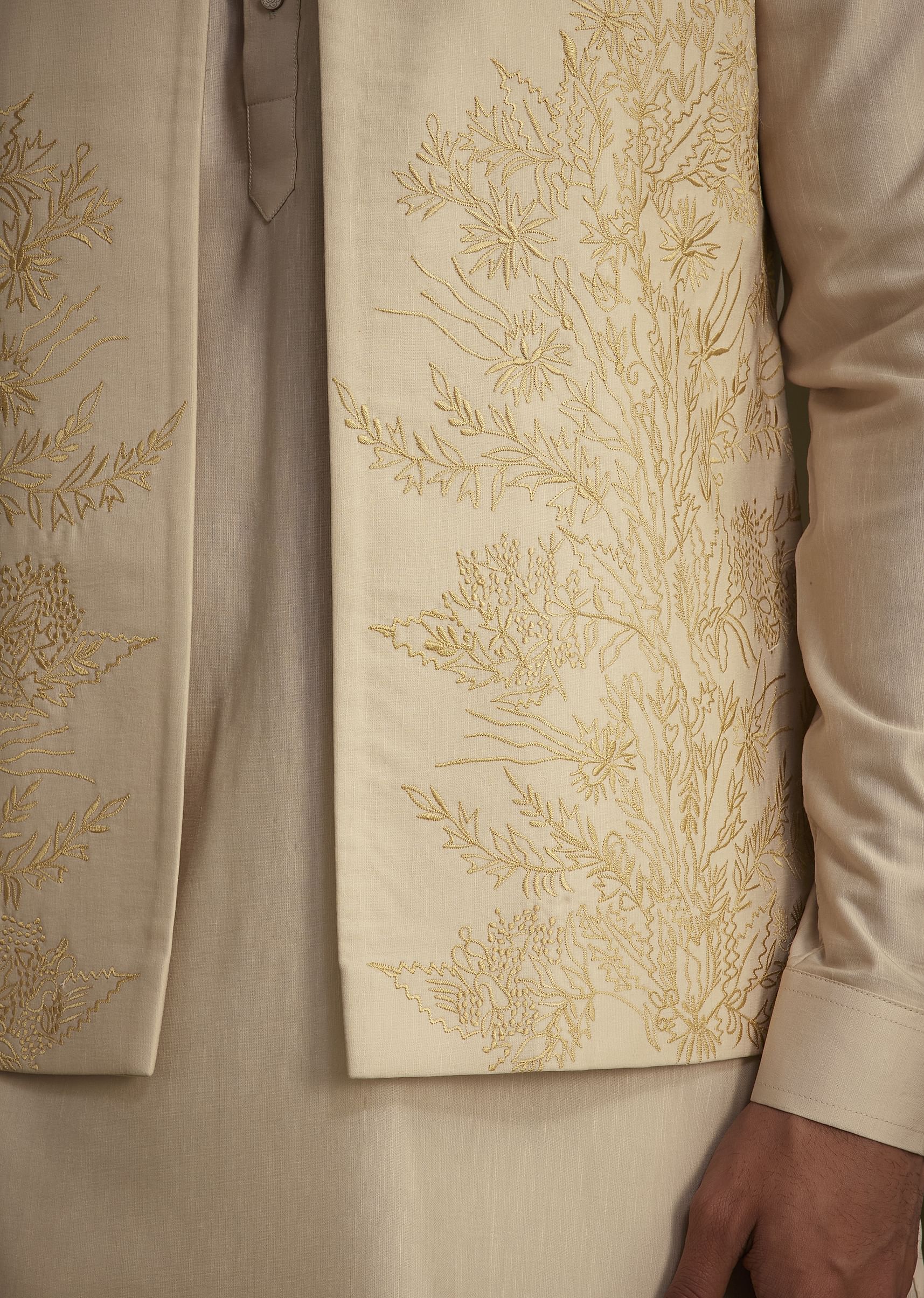 Beige Silk Blend Kurta Set With Embroidered Nehru Jacket - Image 3