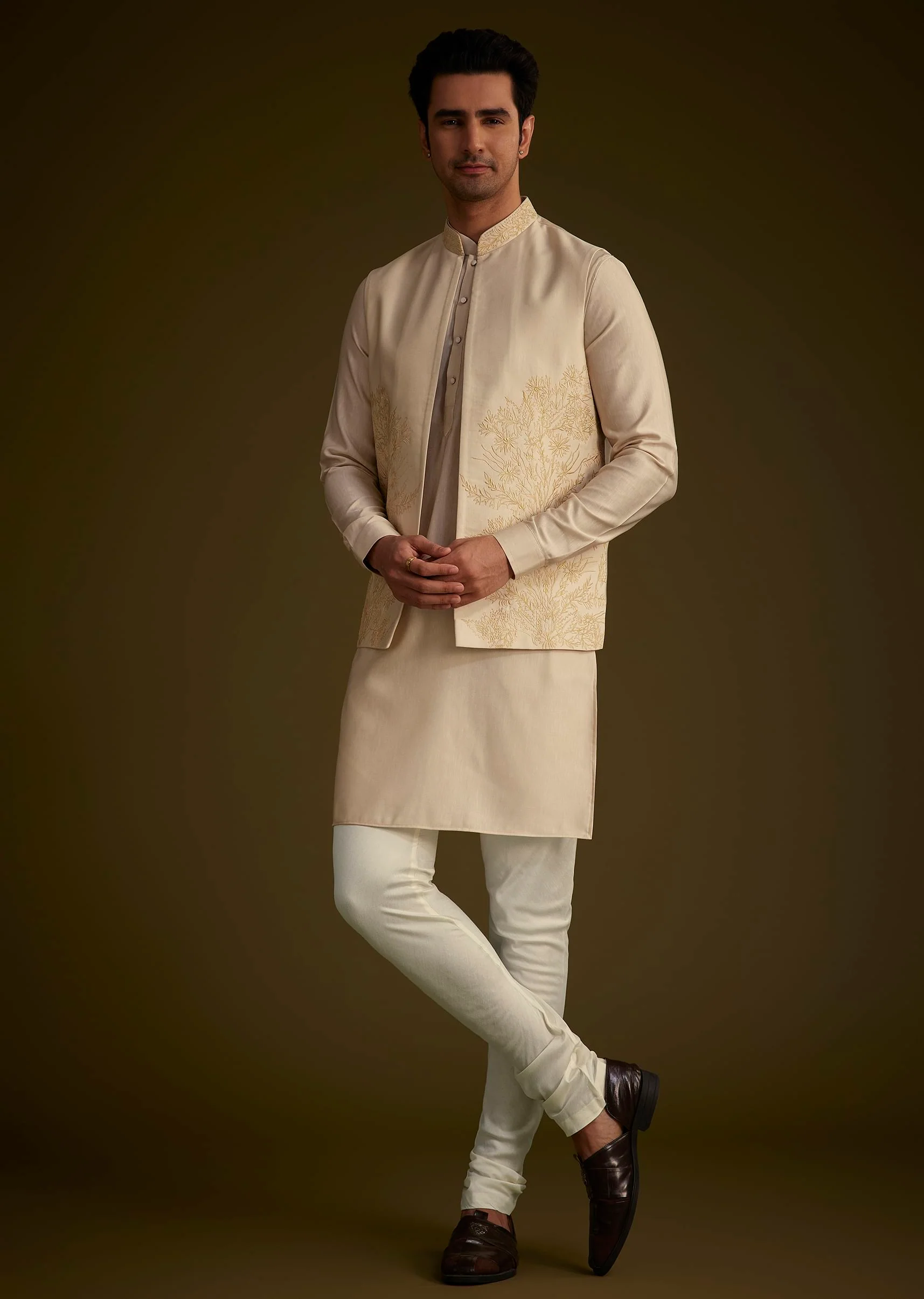 Beige Silk Blend Kurta Set With Embroidered Nehru Jacket - Image 4