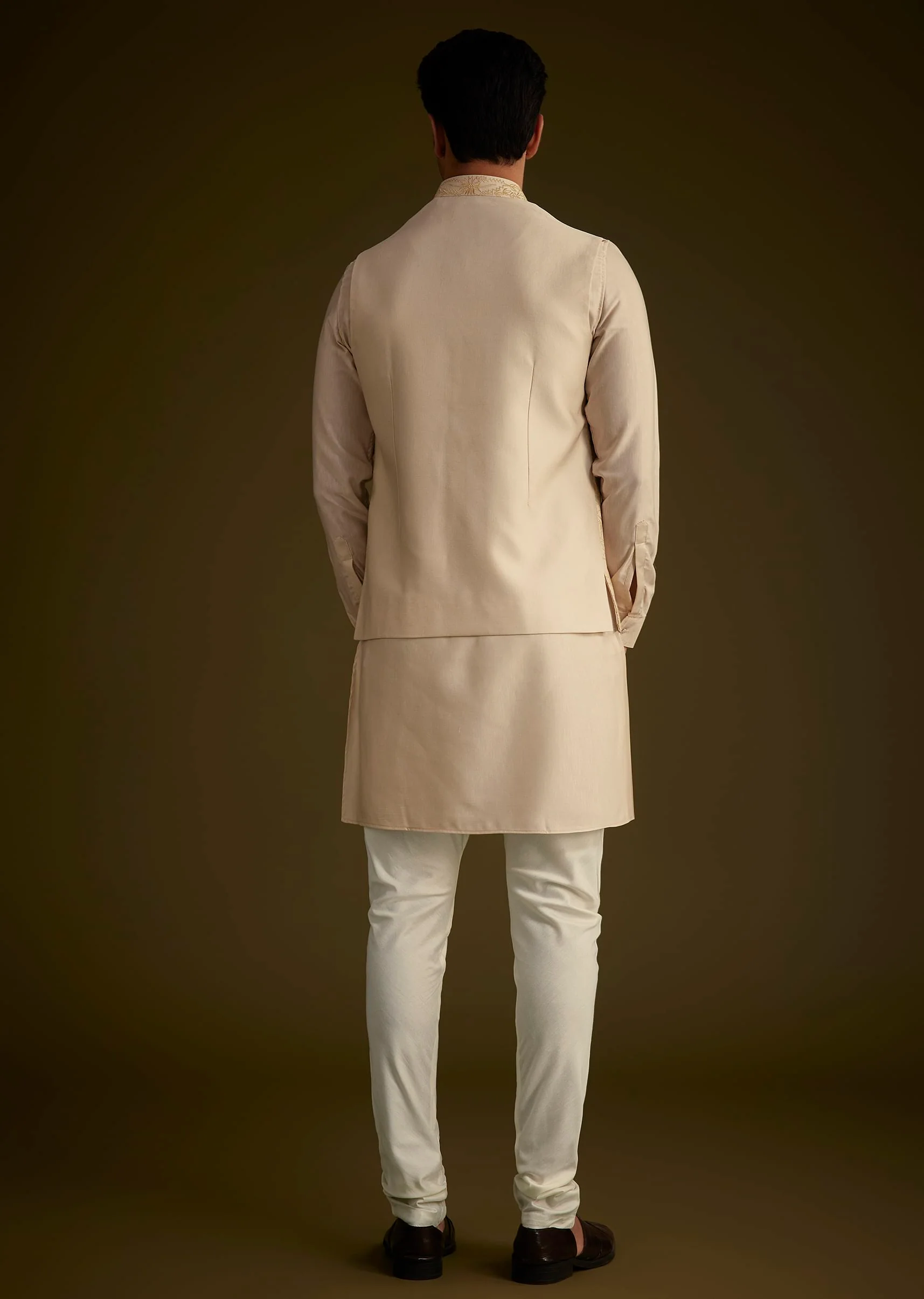 Beige Silk Blend Kurta Set With Embroidered Nehru Jacket - Image 5