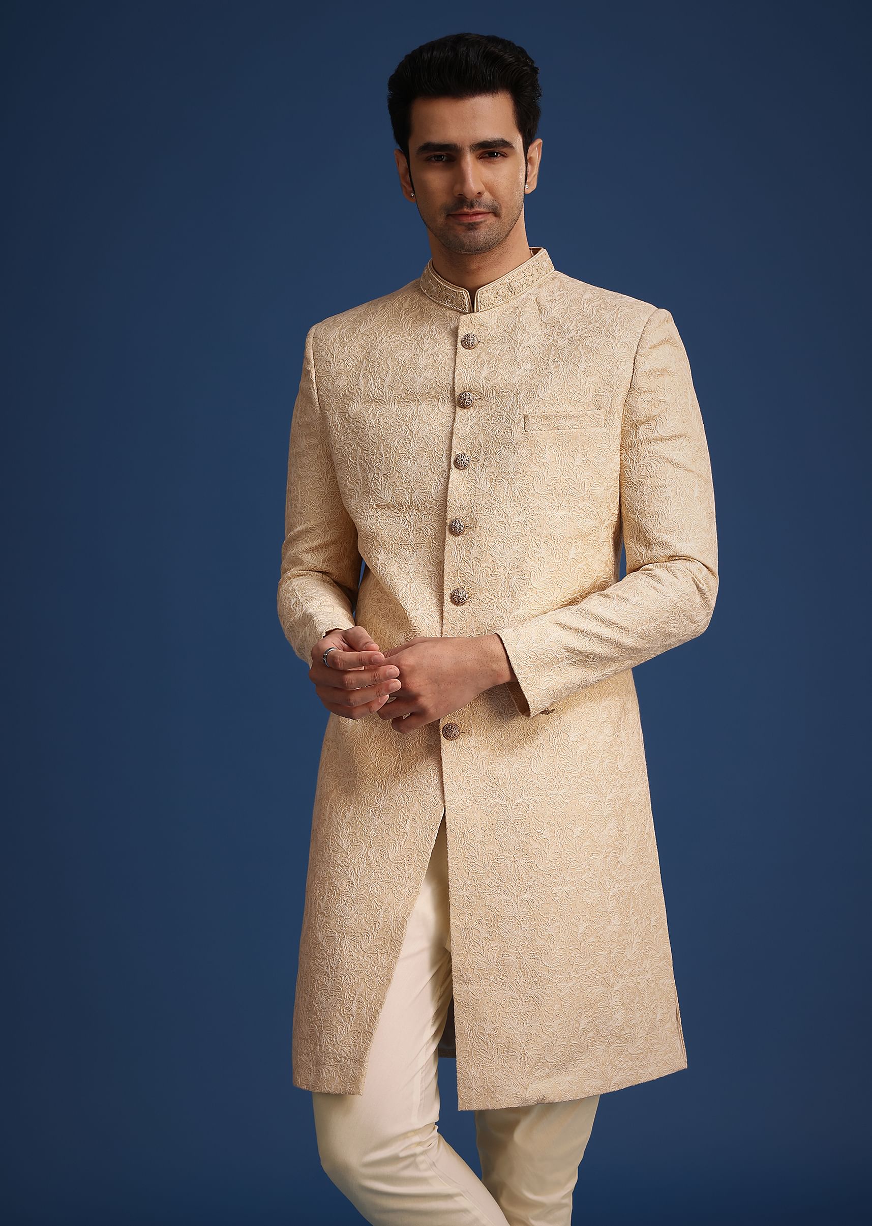Beige Silk Blend Sherwani Set - Image 3