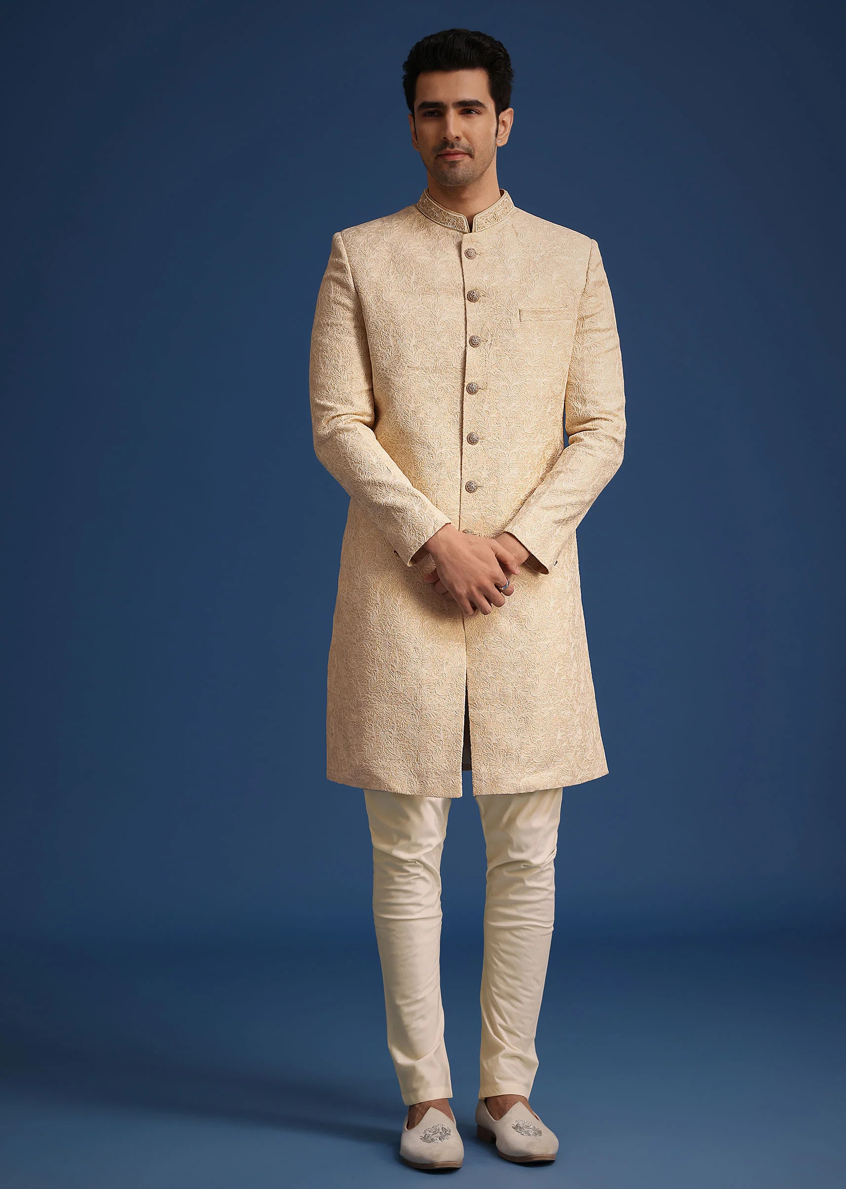Beige Silk Blend Sherwani Set - Image 4