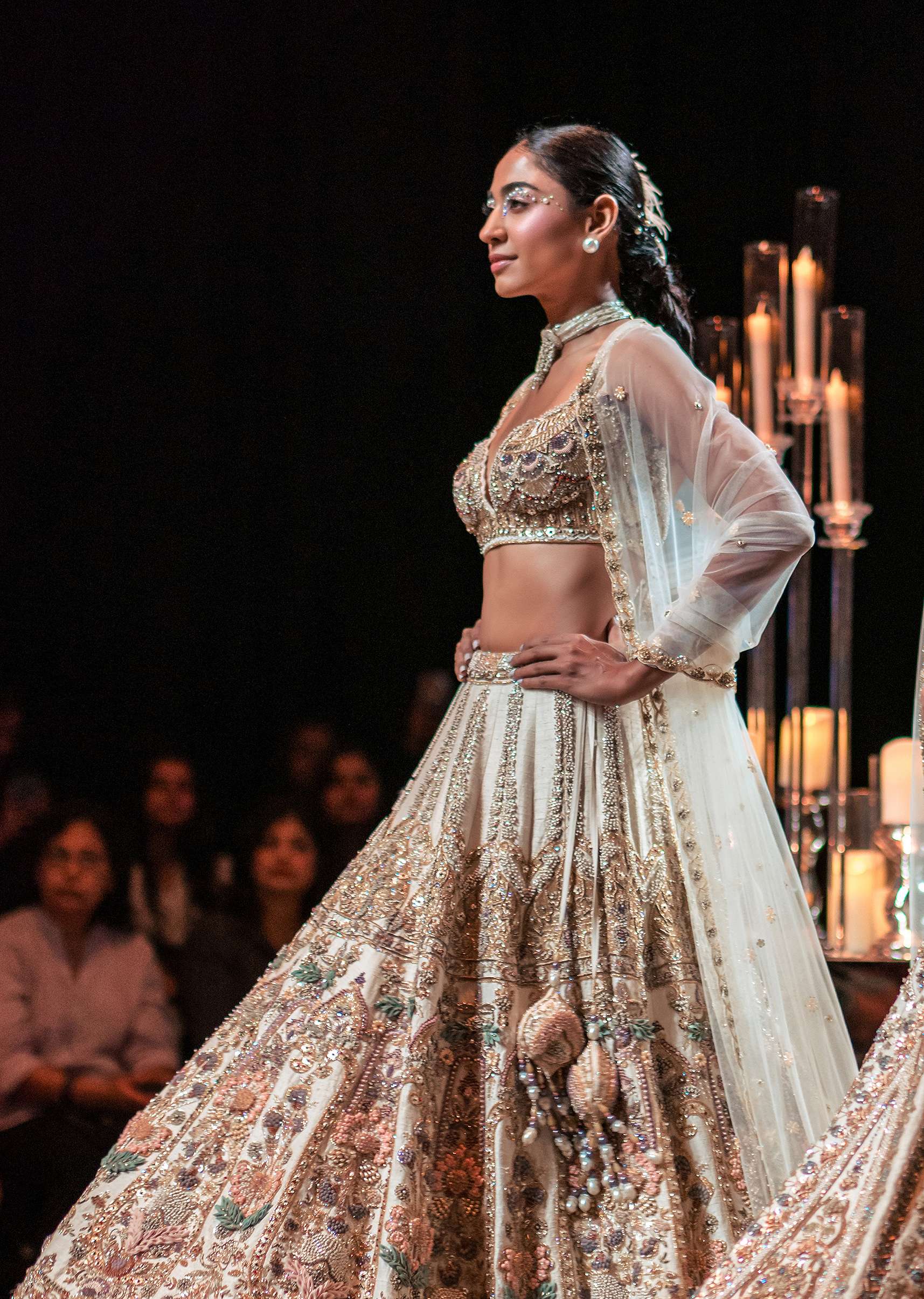 Beige Silk Bridal Lehenga Set With Organza 3D Floral Embroidery - Image 4