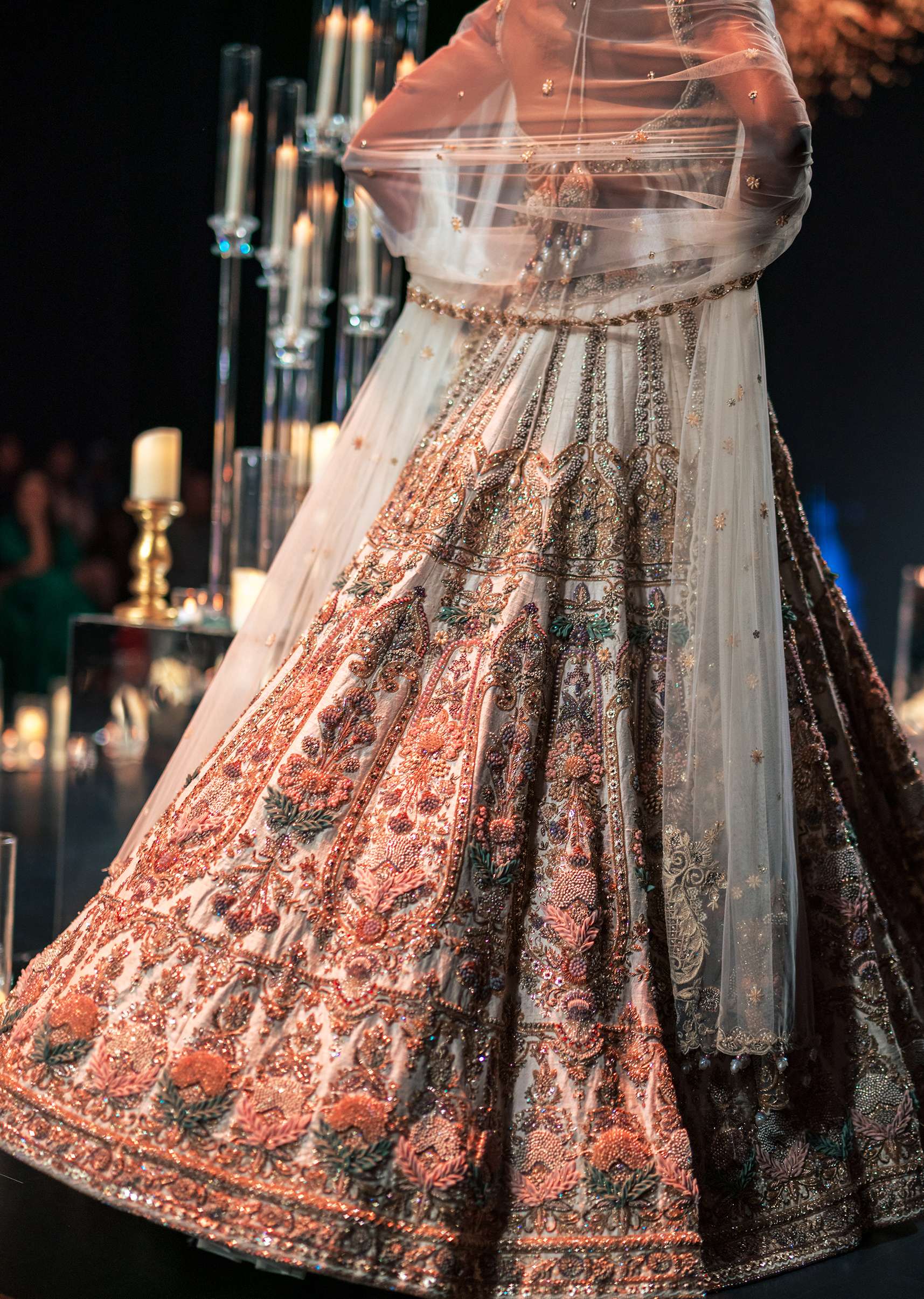 Beige Silk Bridal Lehenga Set With Organza 3D Floral Embroidery - Image 5