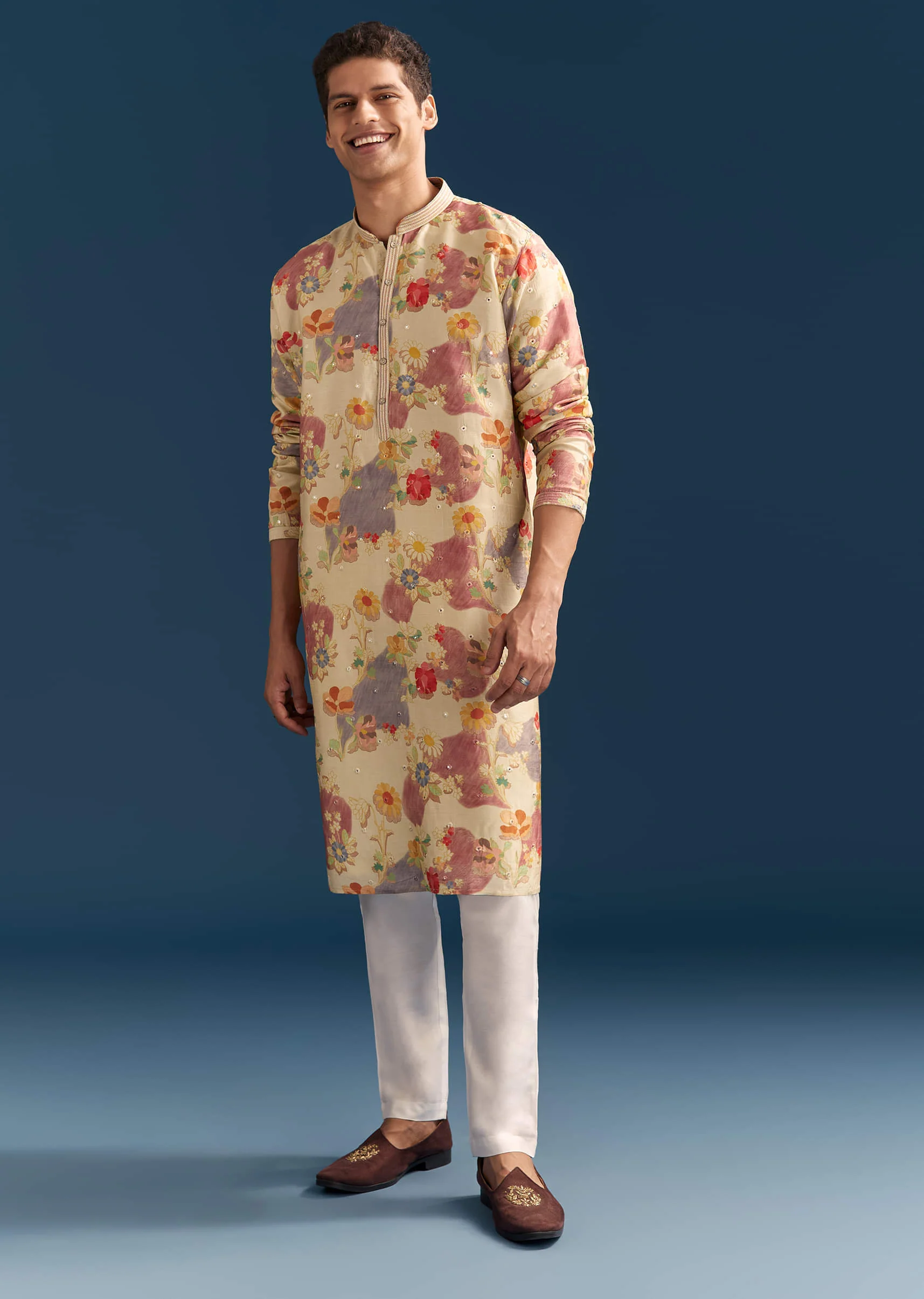 Beige Silk Floral Kurta Set For Men With Mirror Embroidery