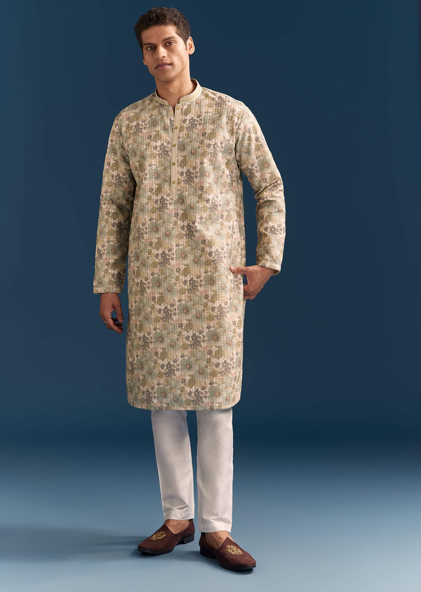 Beige Silk Floral Kurta Set For Men With Thread Embroidery - Image 4