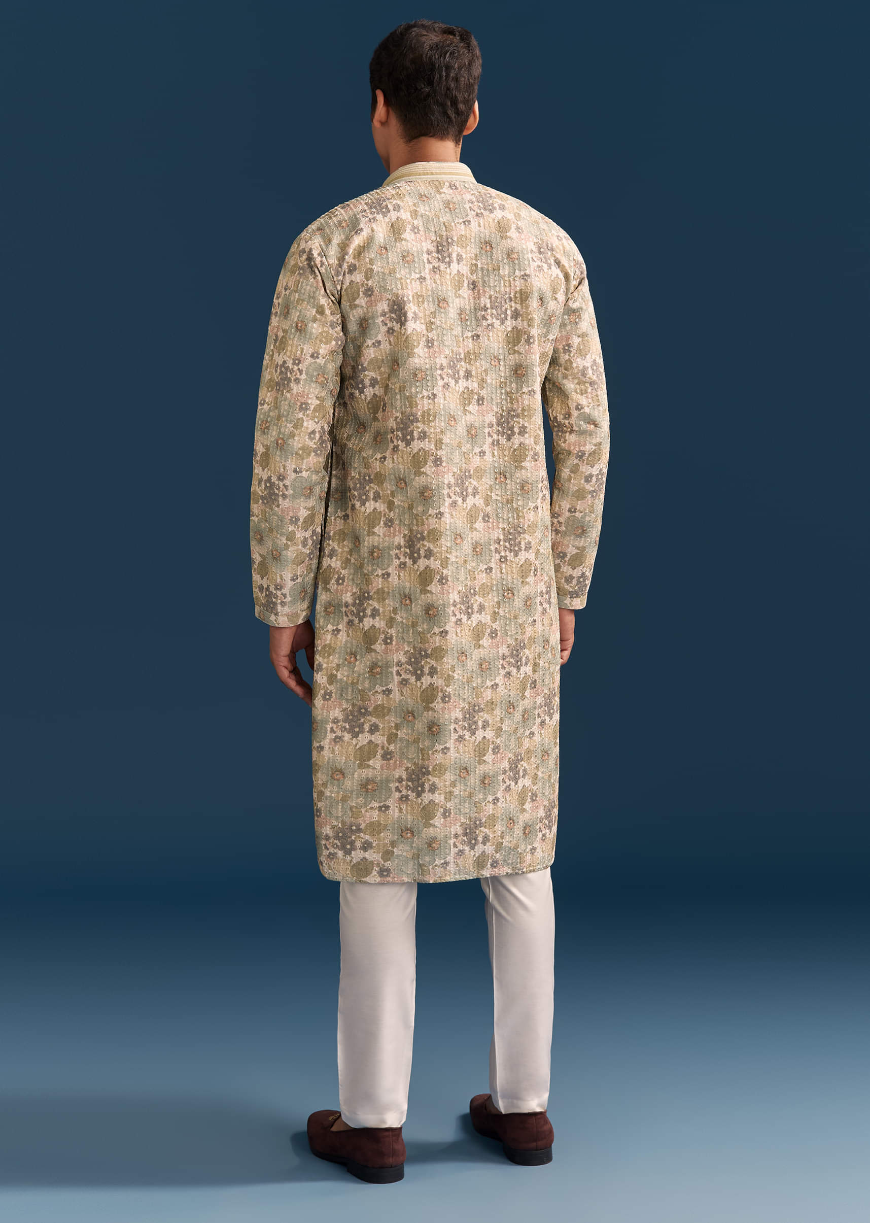 Beige Silk Floral Kurta Set For Men With Thread Embroidery - Image 5