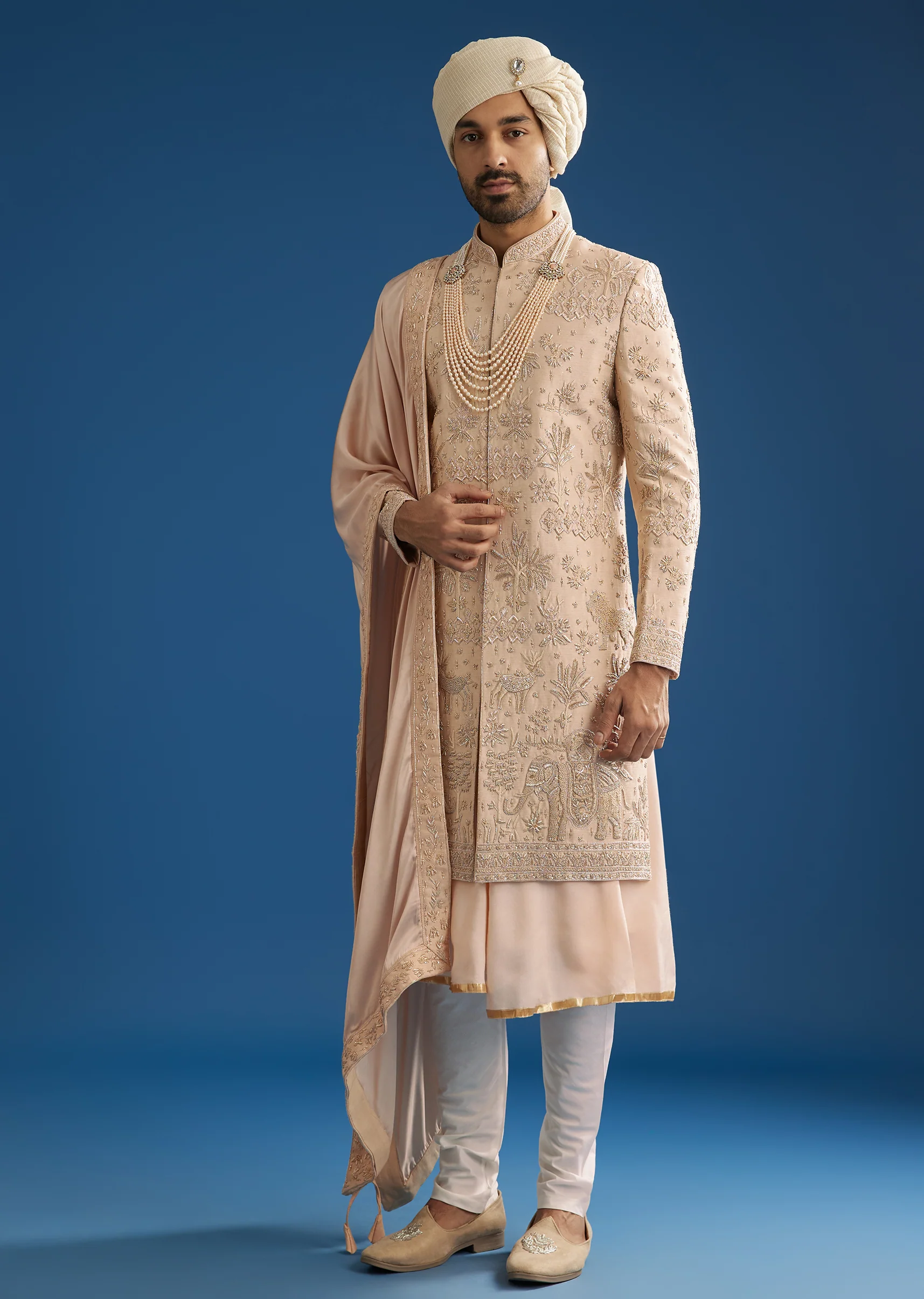 Beige Silk Groom Sherwani Set With Zardosi Work - Image 3