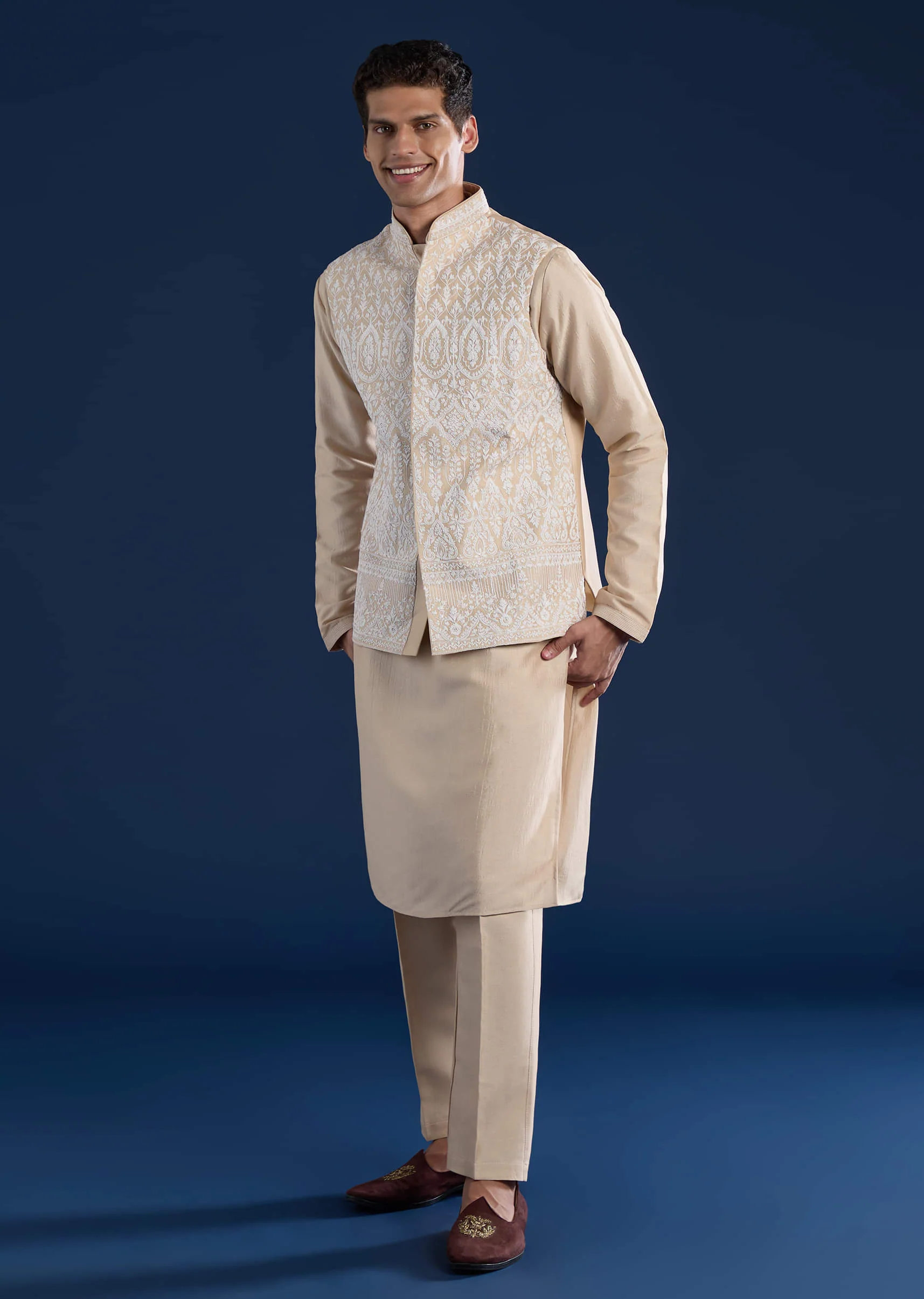 Beige Silk Jacket and Kurta Set with Resham Work - Image 3