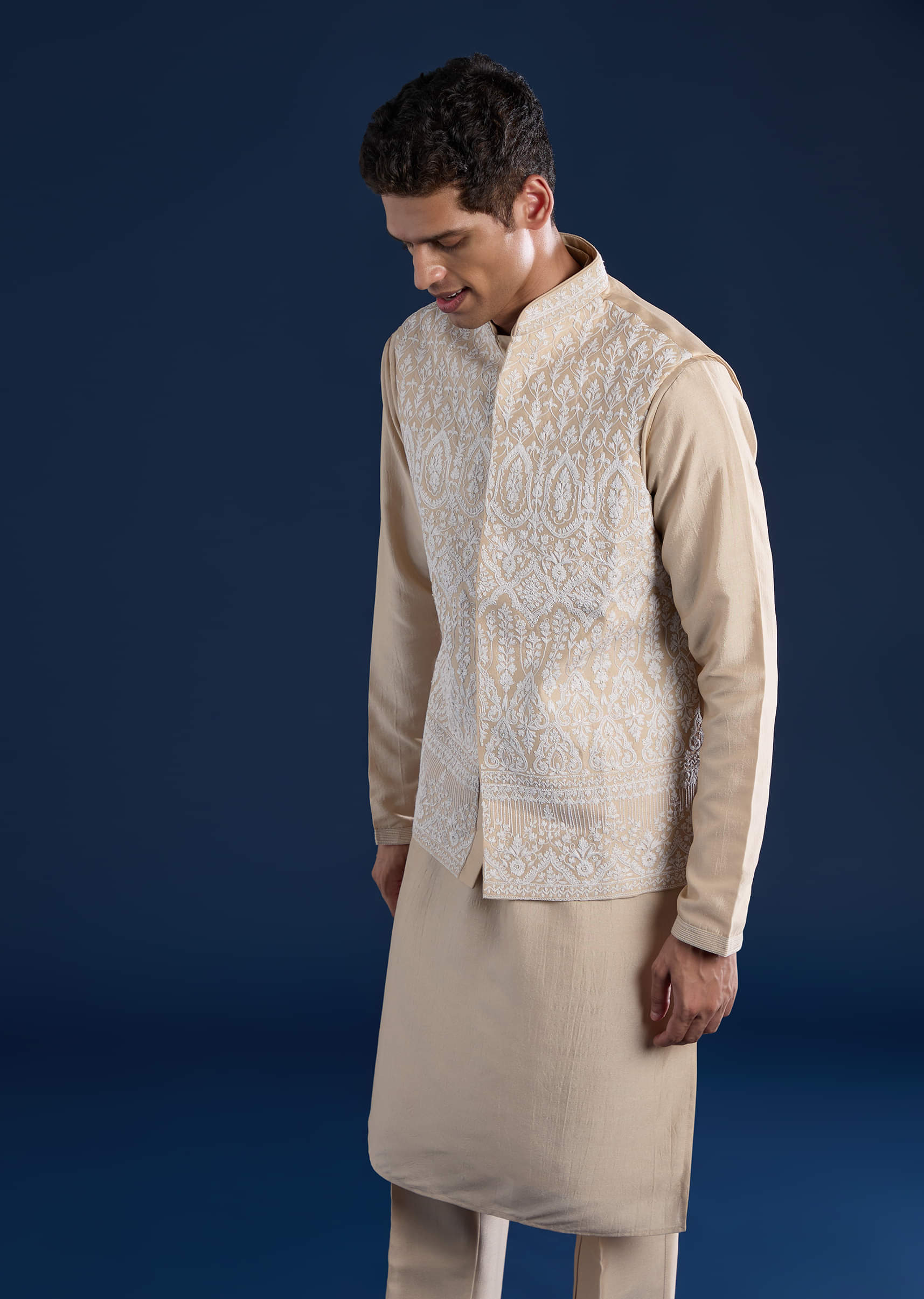 Beige Silk Jacket and Kurta Set with Resham Work - Image 4