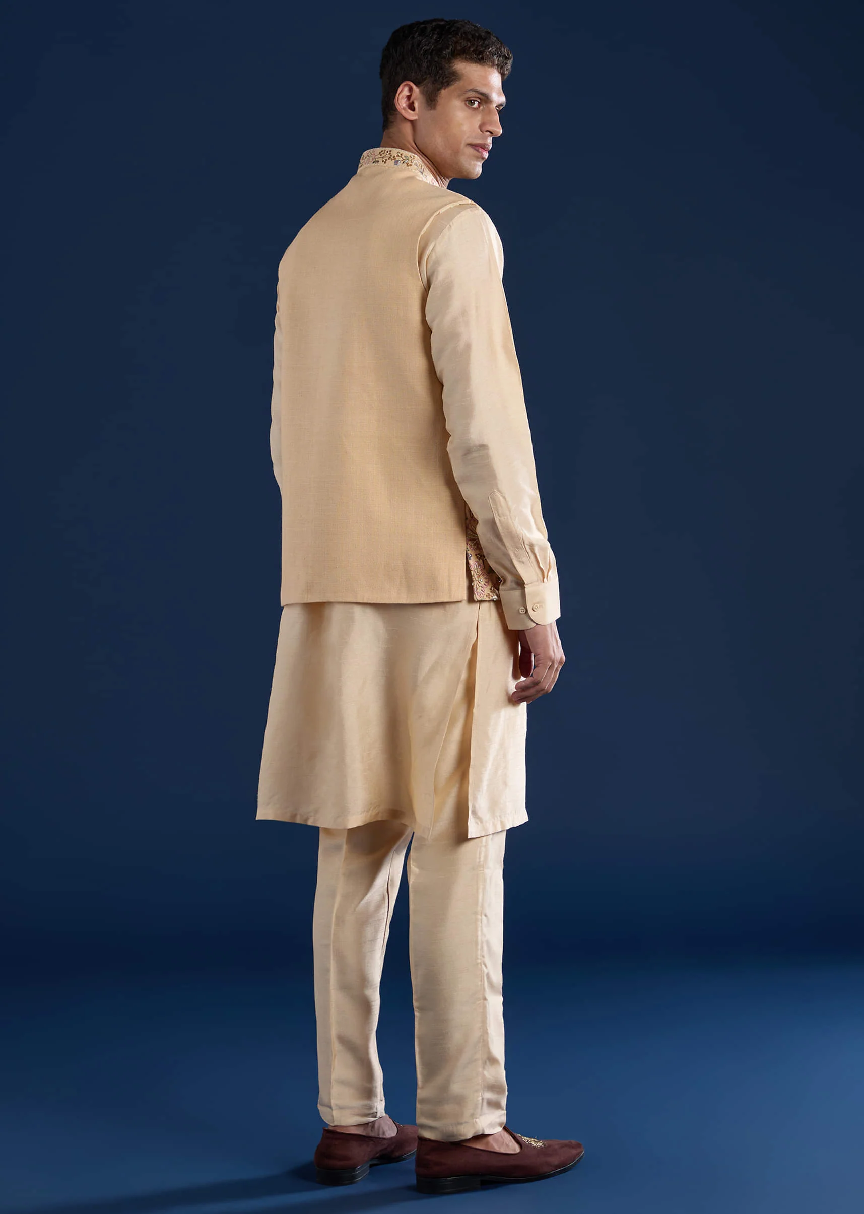 Beige Silk Jacket Kurta Set with French Knot - Image 5
