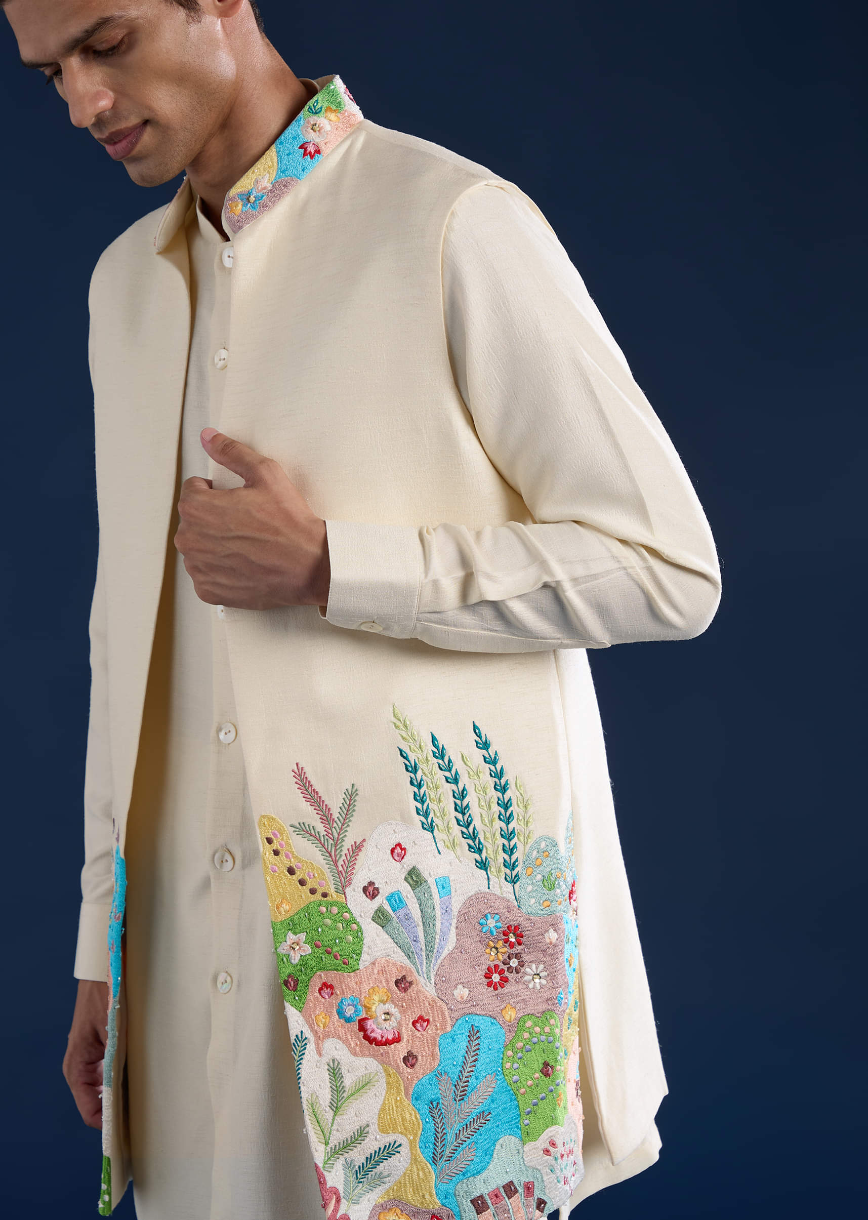 Beige Silk Jacket Kurta Set with Resham Embroidery - Image 4