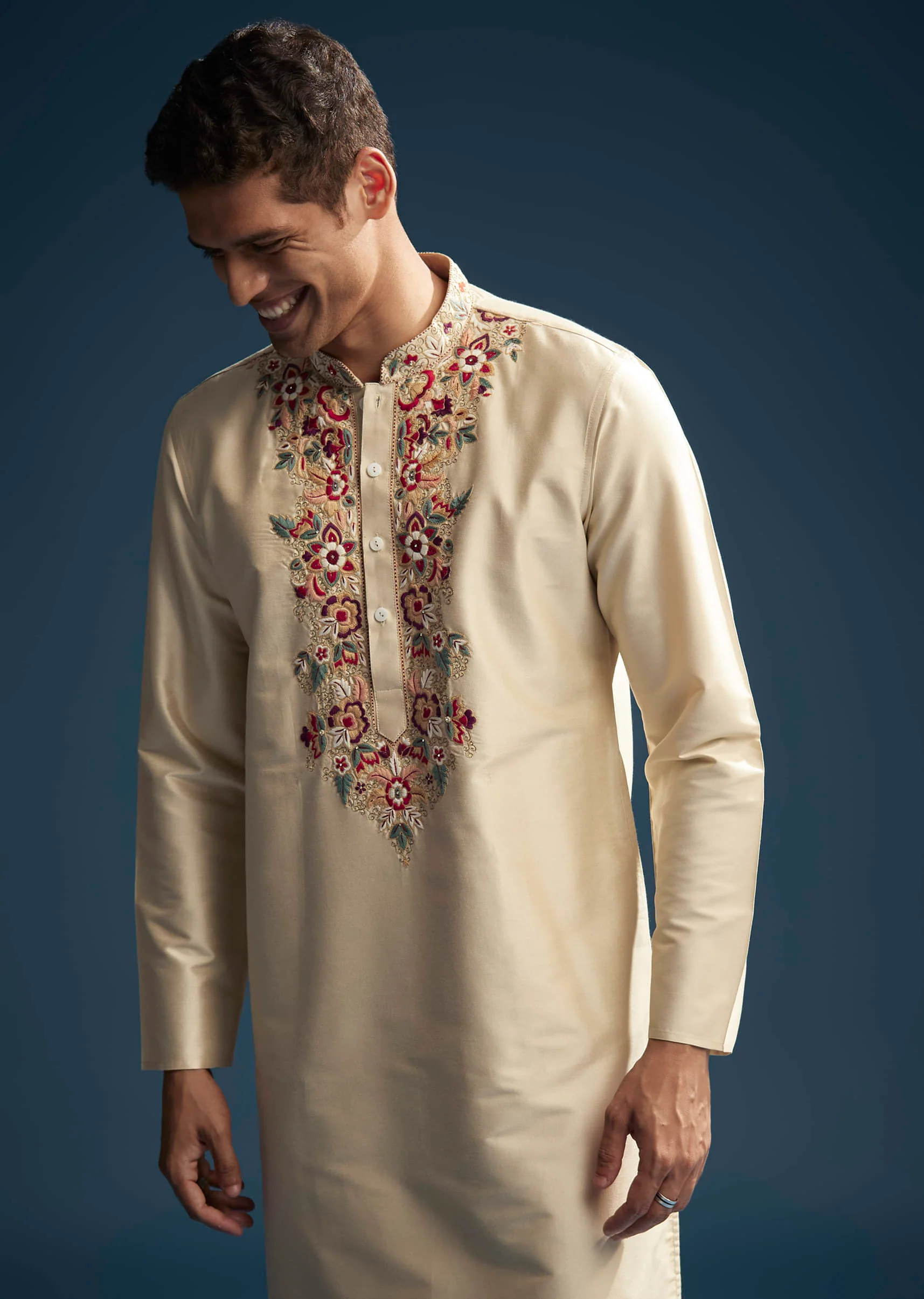 Beige Silk Kurta Set For Men With Resham Aari Embroidery - Image 3