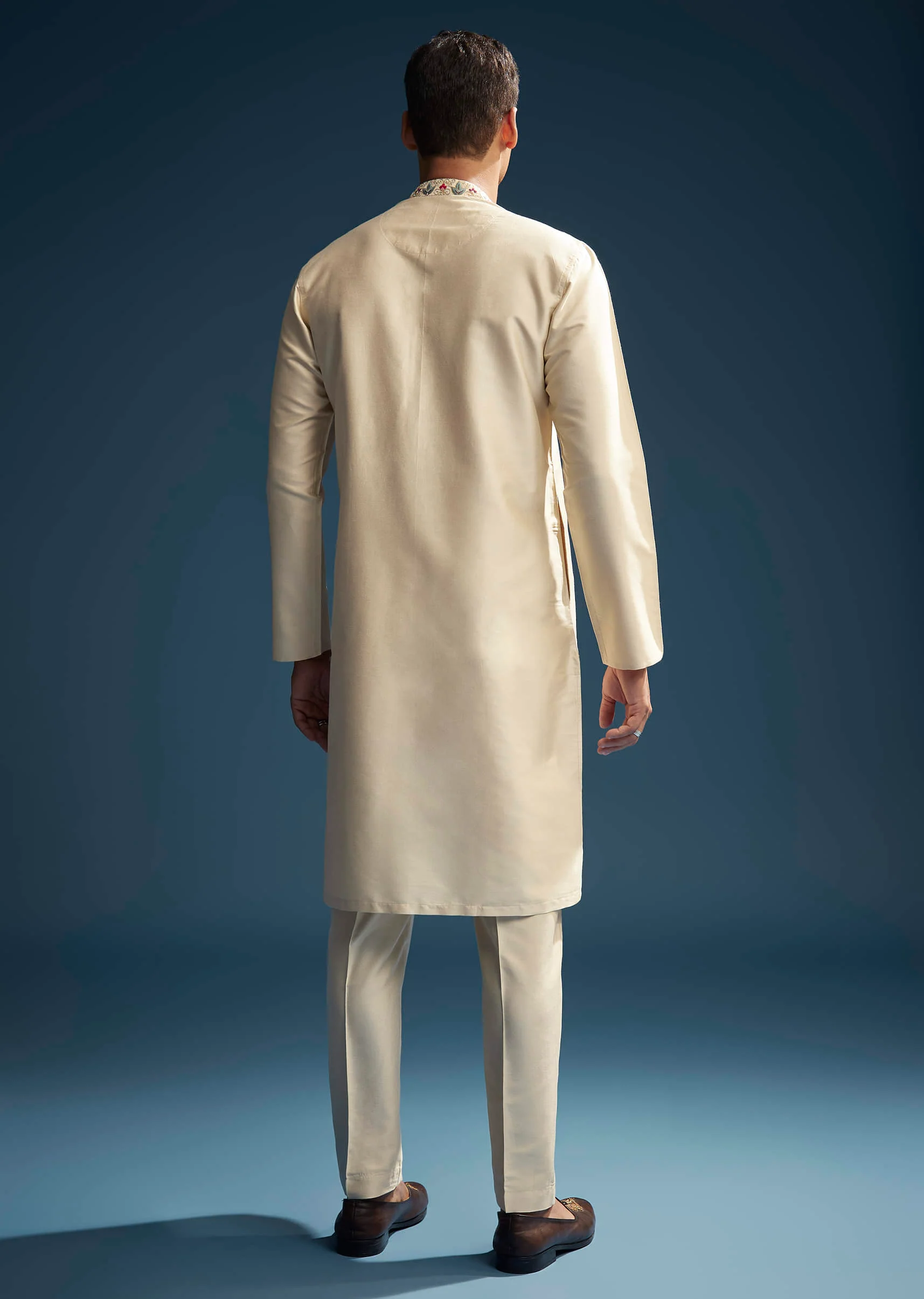 Beige Silk Kurta Set For Men With Resham Aari Embroidery - Image 5