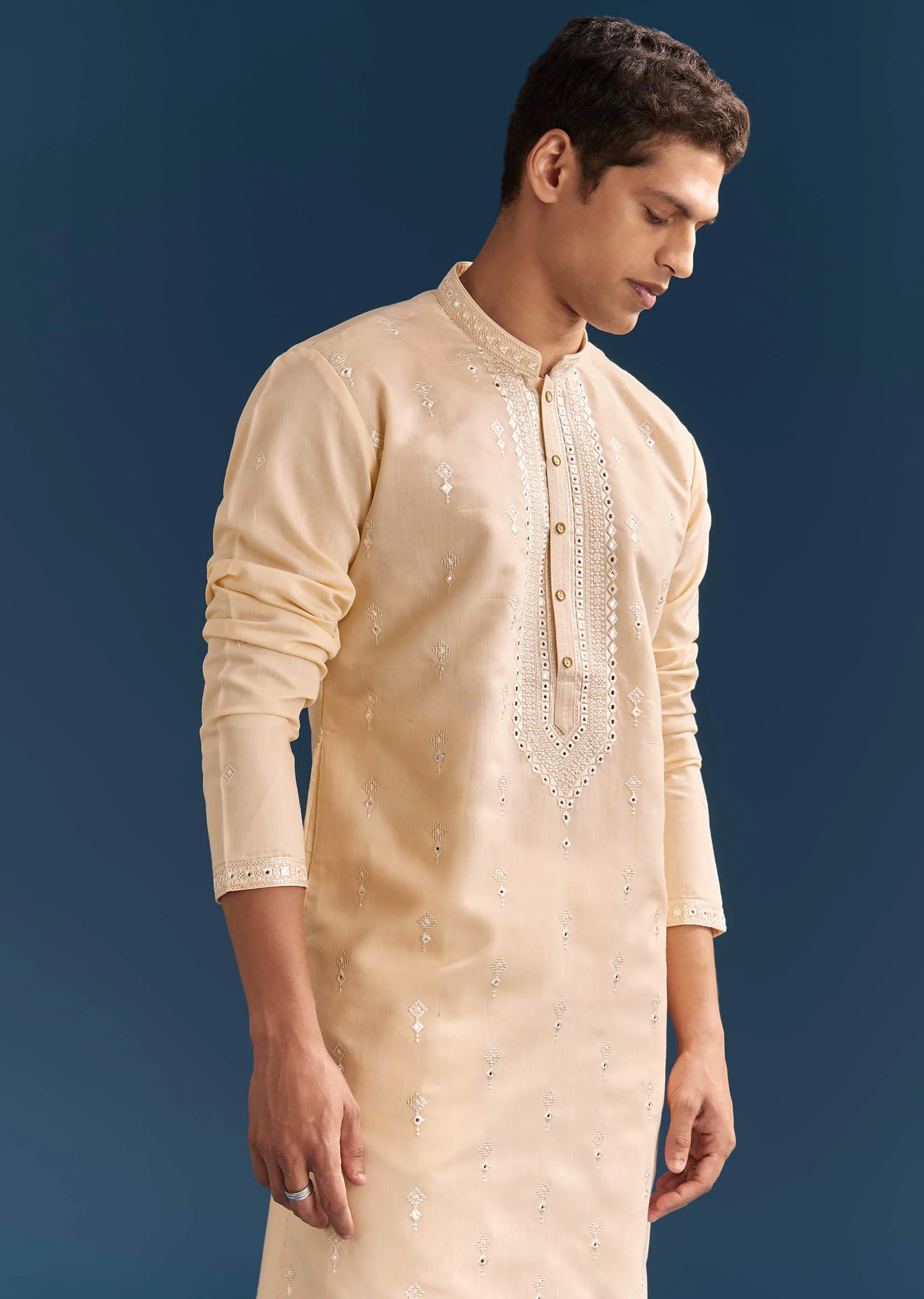 Beige Silk Kurta Set For Men With Thread And Mirror Embroidery - Image 3