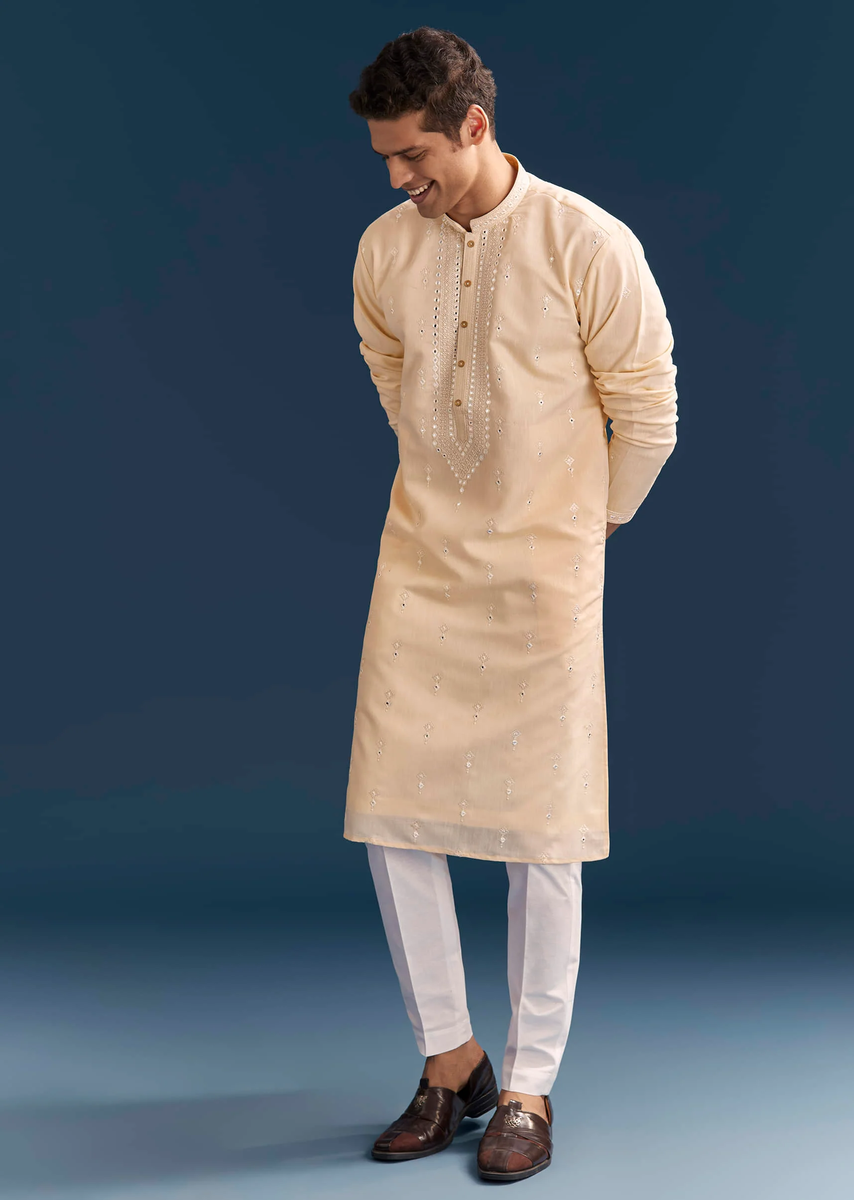 Beige Silk Kurta Set For Men With Thread And Mirror Embroidery - Image 4