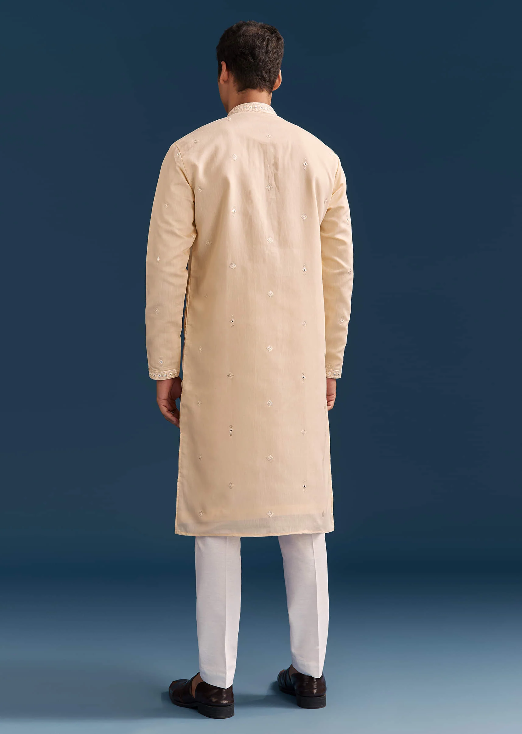 Beige Silk Kurta Set For Men With Thread And Mirror Embroidery - Image 5