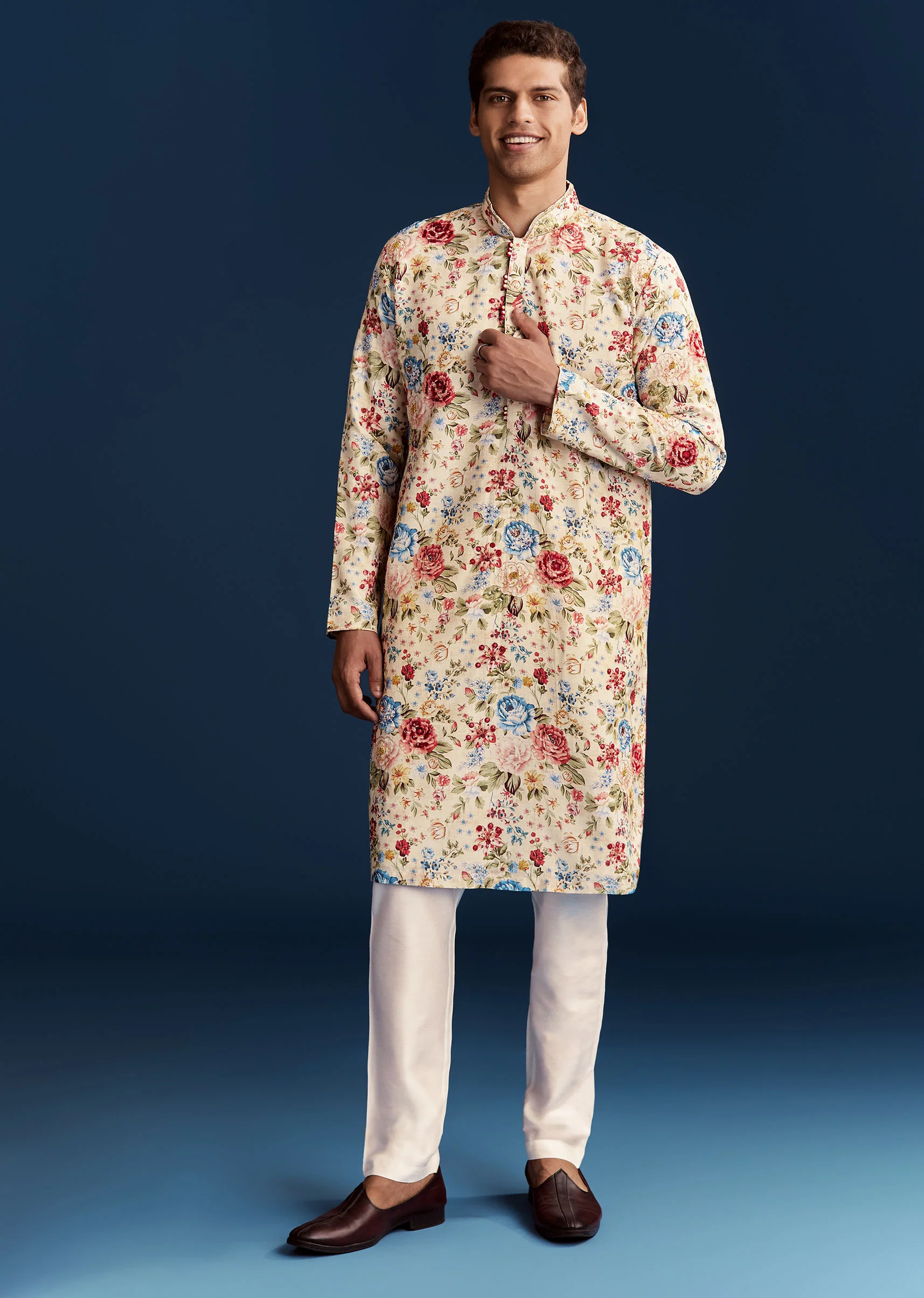 Beige Silk Kurta Set With Floral Embroidery - Image 2