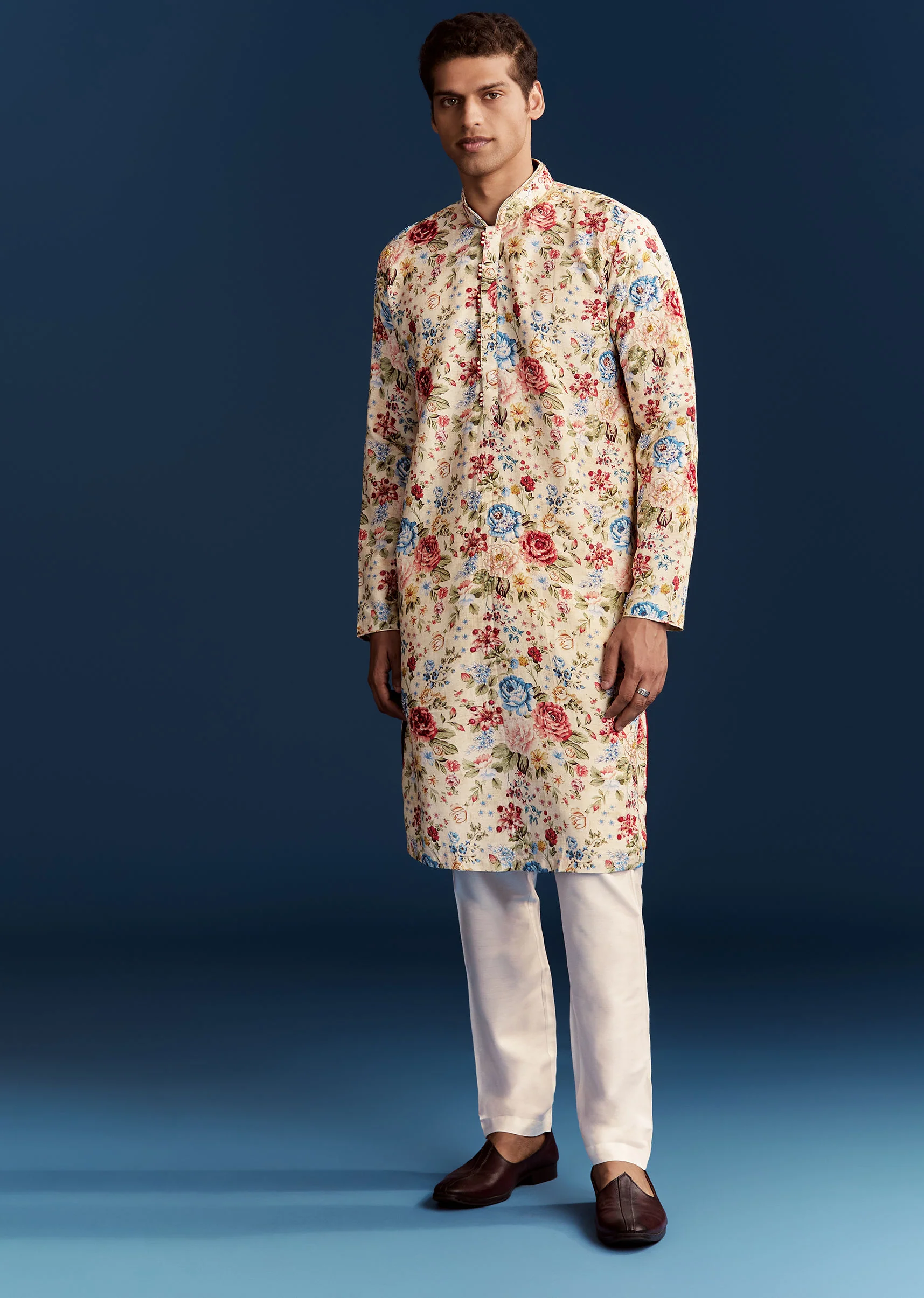 Beige Silk Kurta Set With Floral Embroidery - Image 4