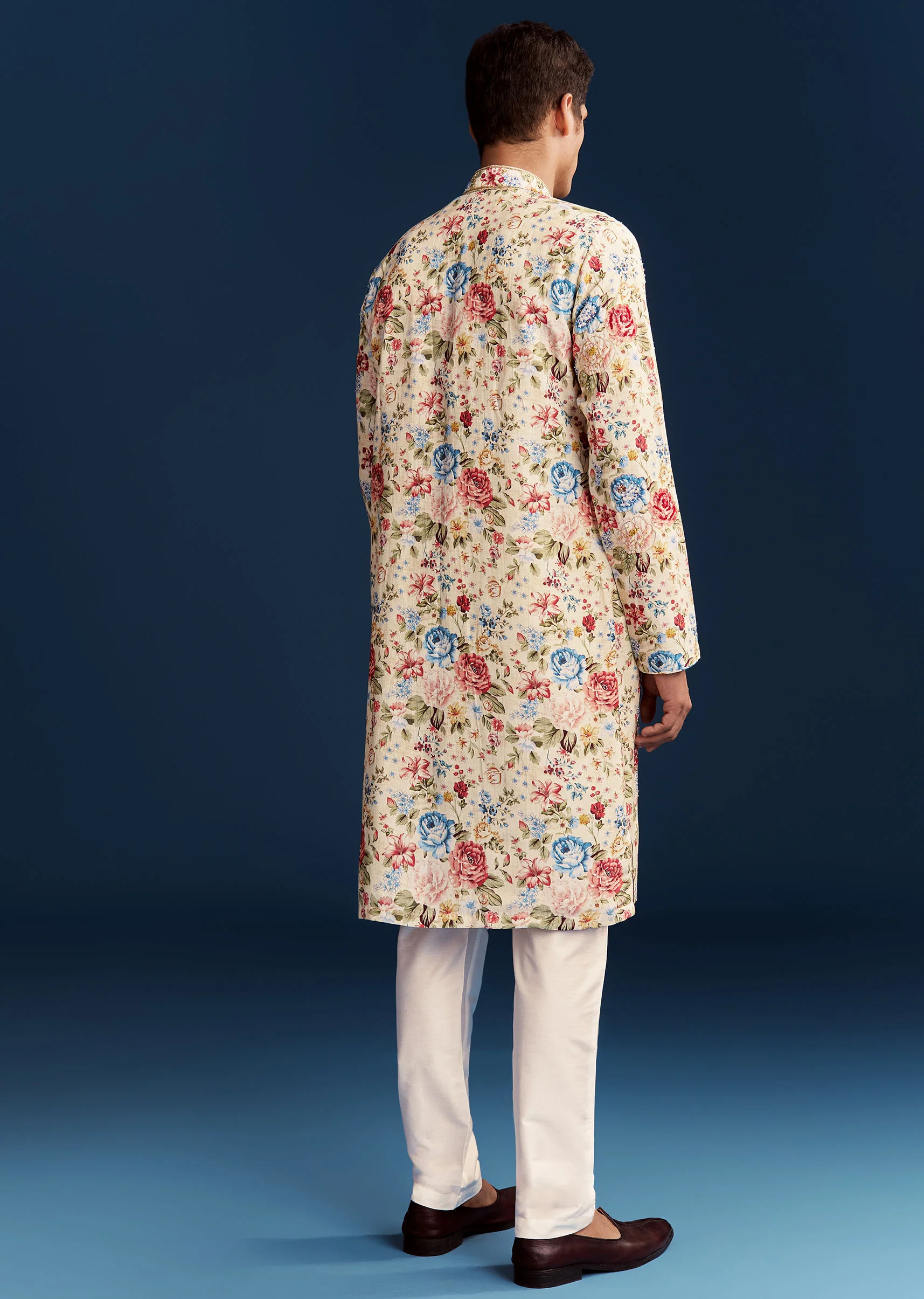 Beige Silk Kurta Set With Floral Embroidery - Image 5