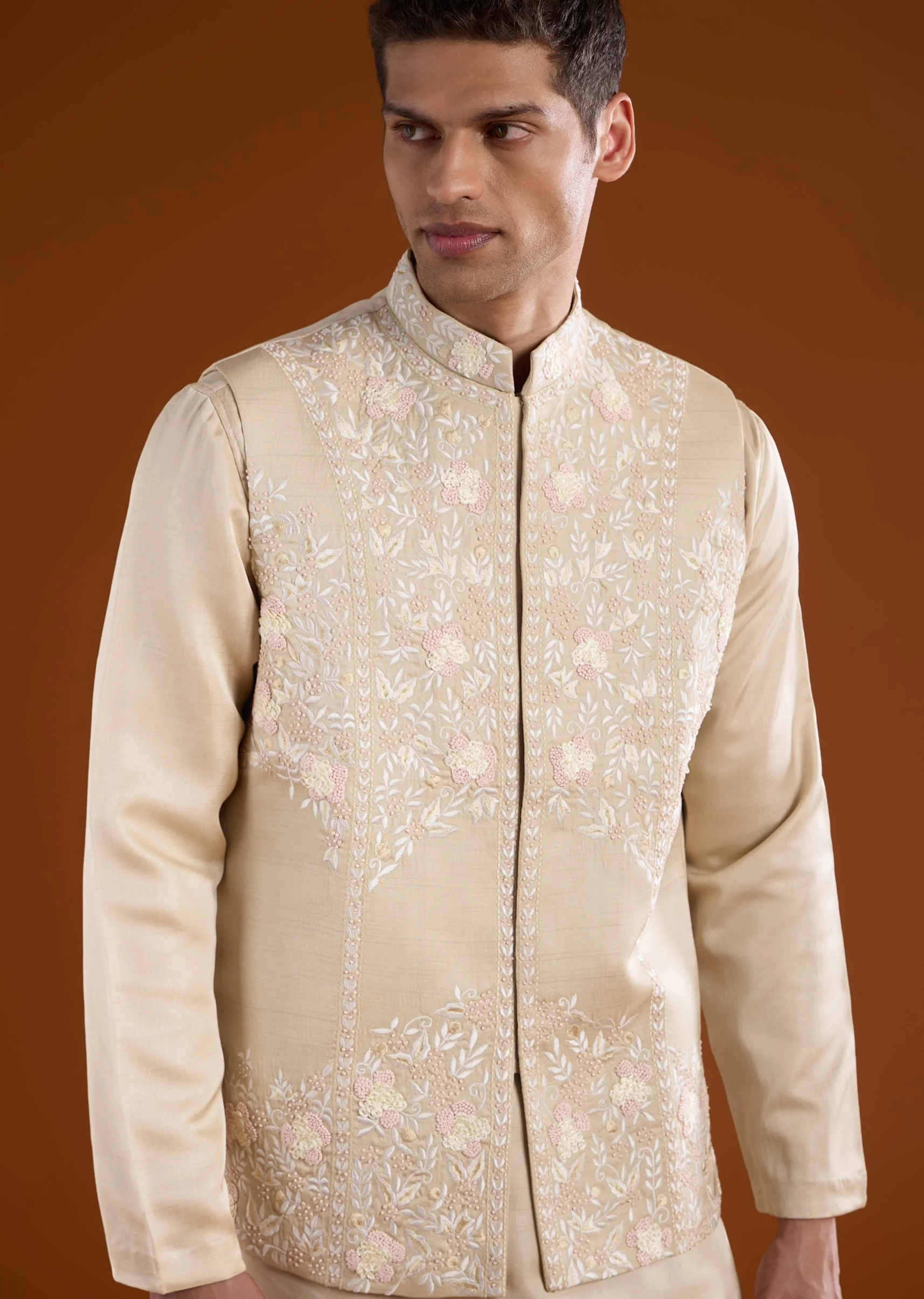 Beige Silk Mens Kurta Jacket Set With Thread And French Knot Work - Image 2