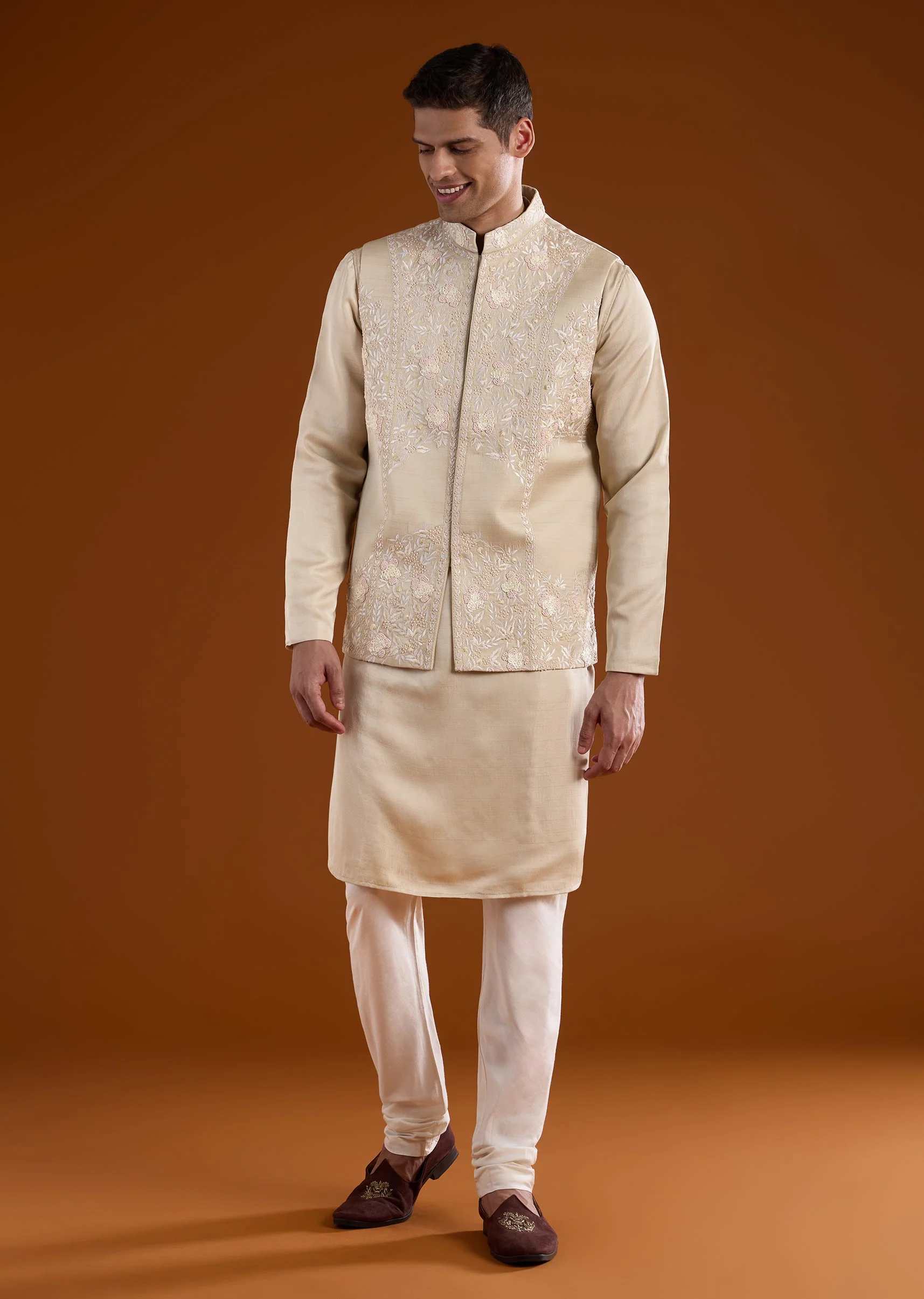 Beige Silk Mens Kurta Jacket Set With Thread And French Knot Work - Image 3