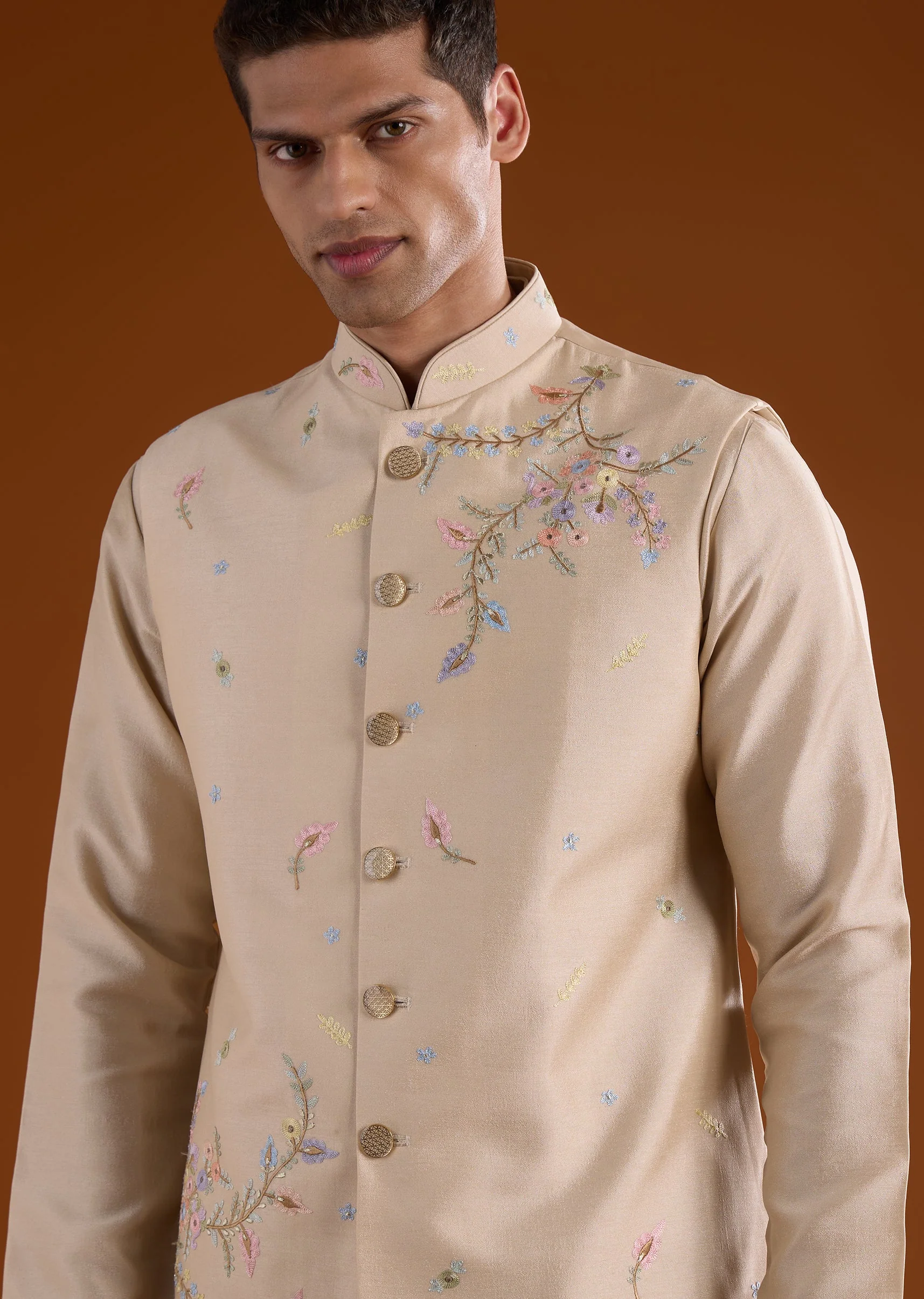 Beige Silk Mens Kurta Jacket Set With Thread And Motif Work - Image 2