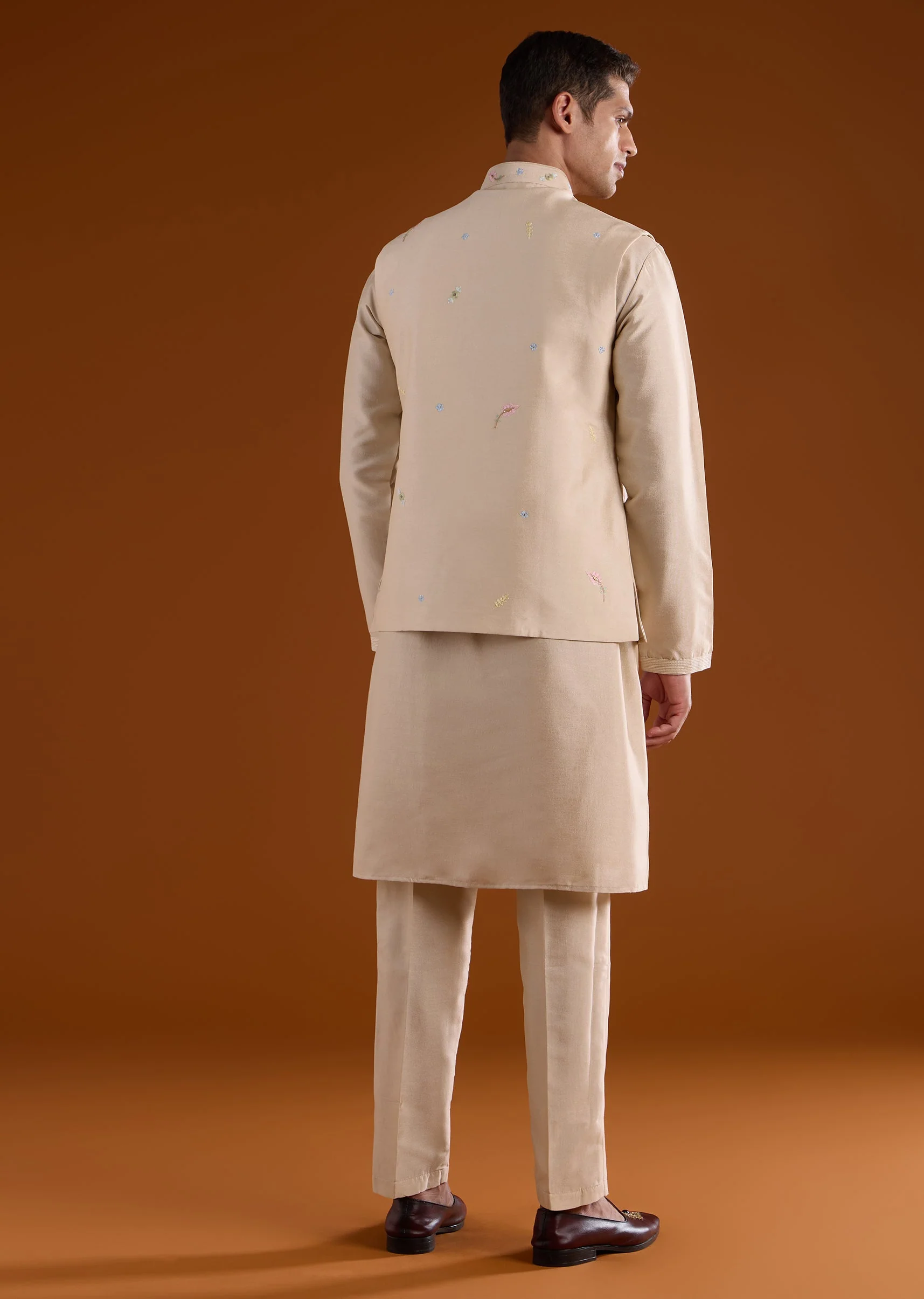 Beige Silk Mens Kurta Jacket Set With Thread And Motif Work - Image 5