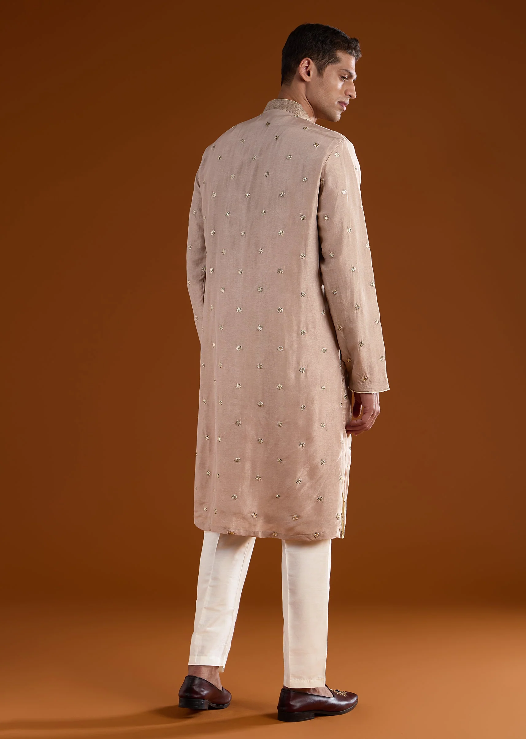 Beige Silk Mens Kurta Set With Thread Sequins And Zardosi Work - Image 5