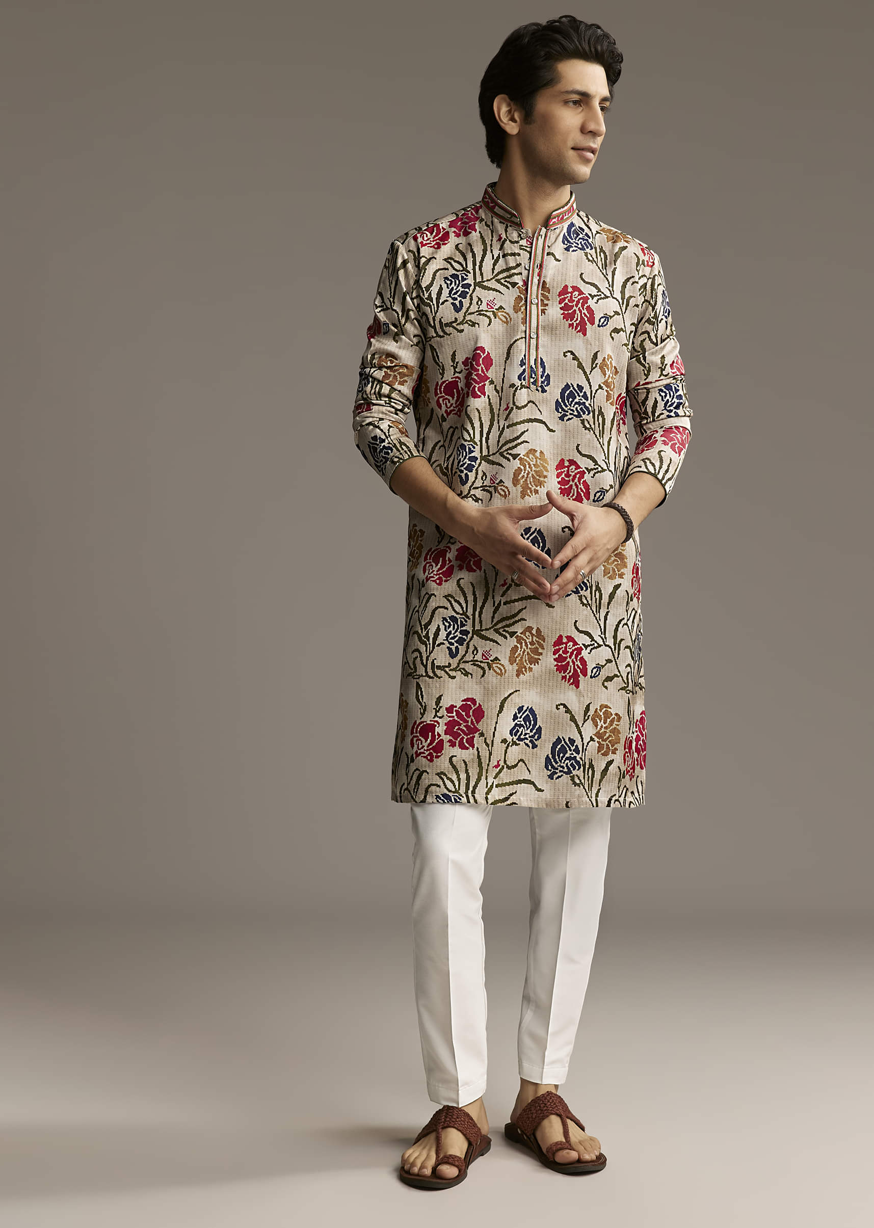 Beige Silk Printed Designer Kurta For Men With Floral Print - Image 4