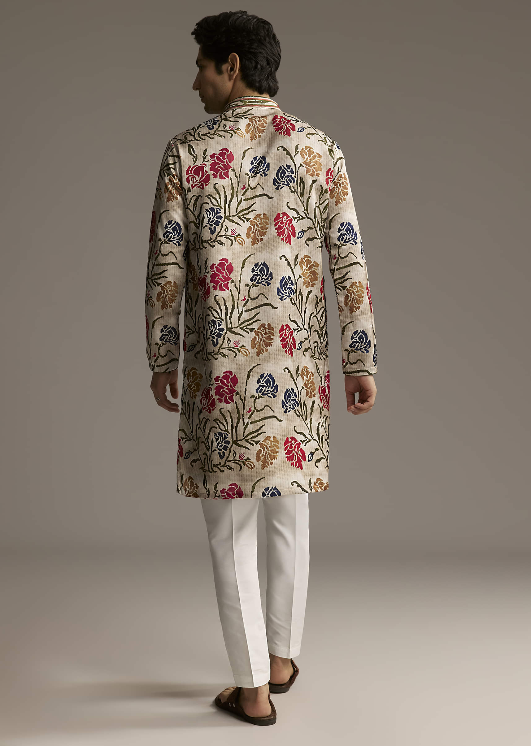 Beige Silk Printed Designer Kurta For Men With Floral Print - Image 5
