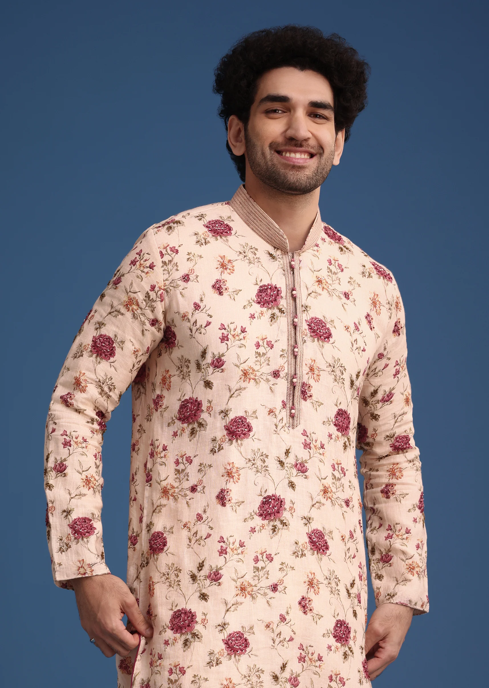 Beige Linen Printed Kurta Set With Floral Motifs - Image 4