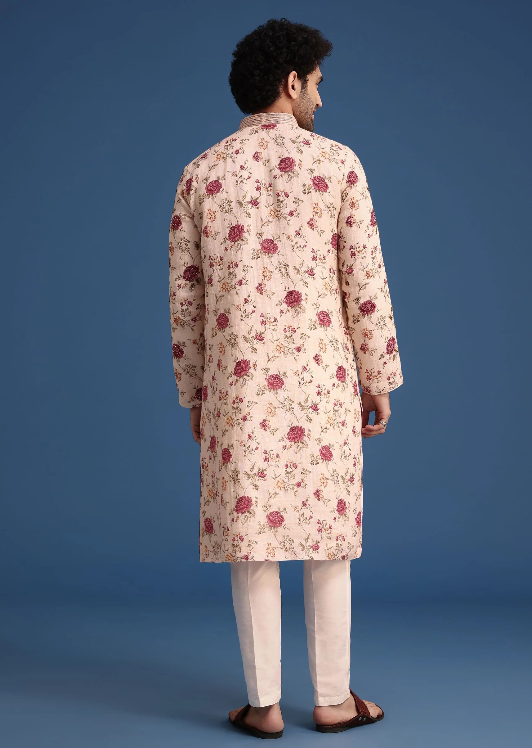 Beige Linen Printed Kurta Set With Floral Motifs - Image 5