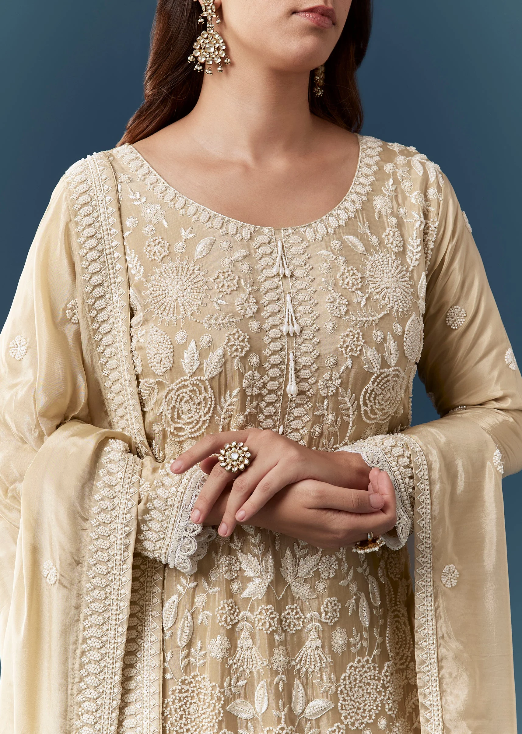 Beige Silk Resham Work Kurta Sharara Set - Image 2