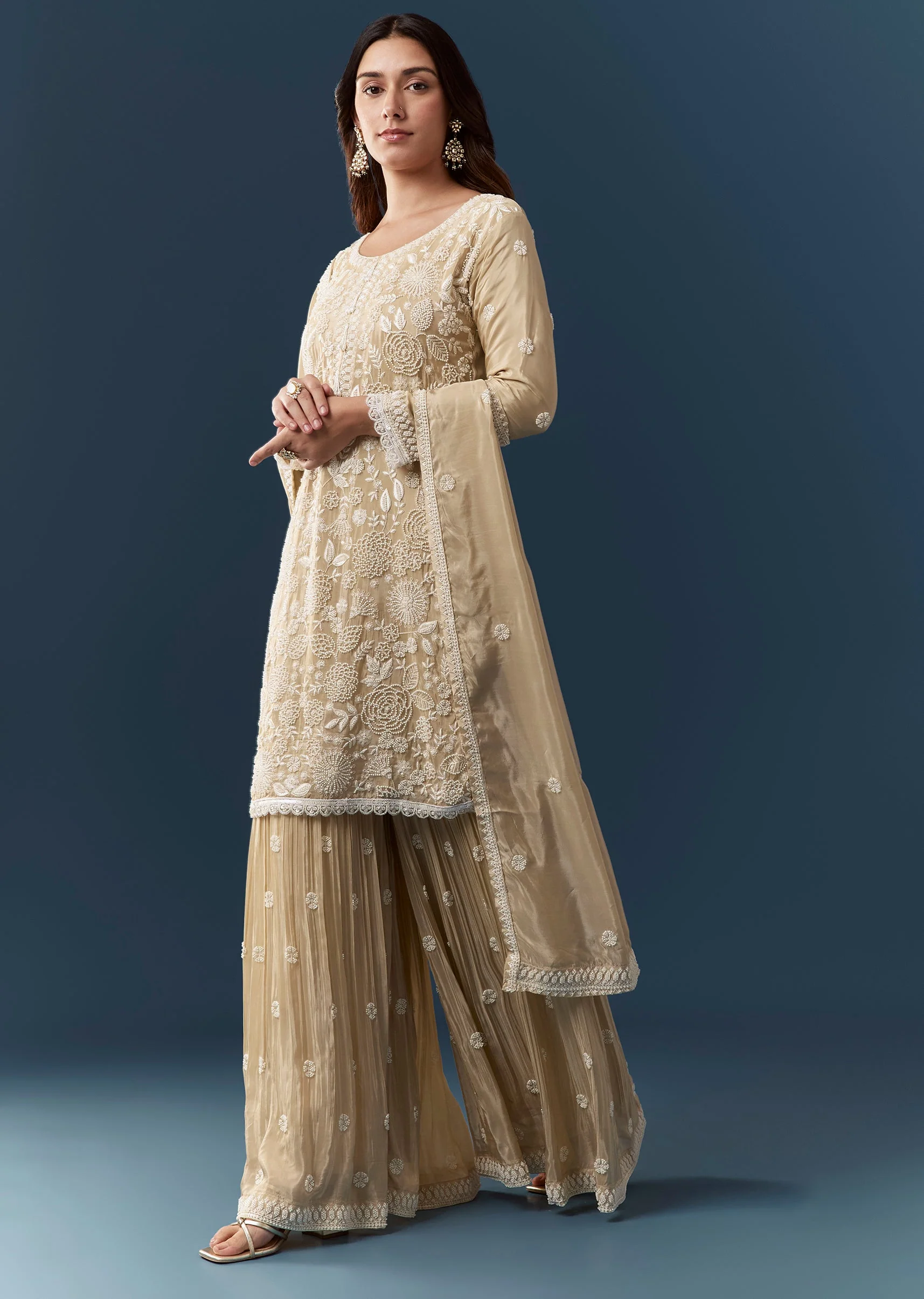 Beige Silk Resham Work Kurta Sharara Set - Image 3