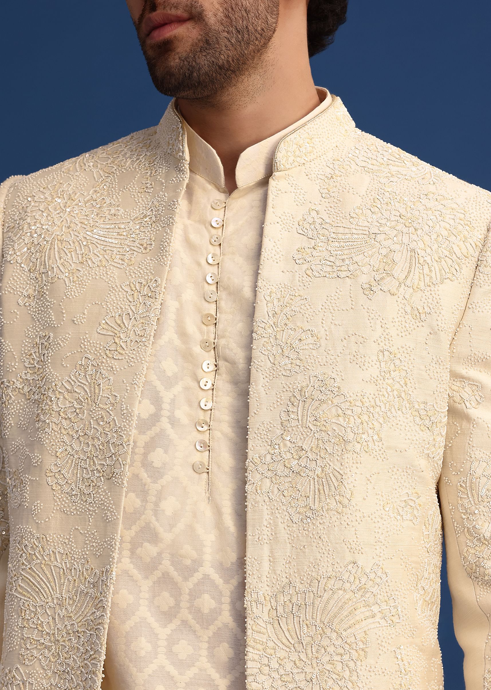 Beige Silk Sherwani And Kurta Set With Zardozi Embroidery - Image 2