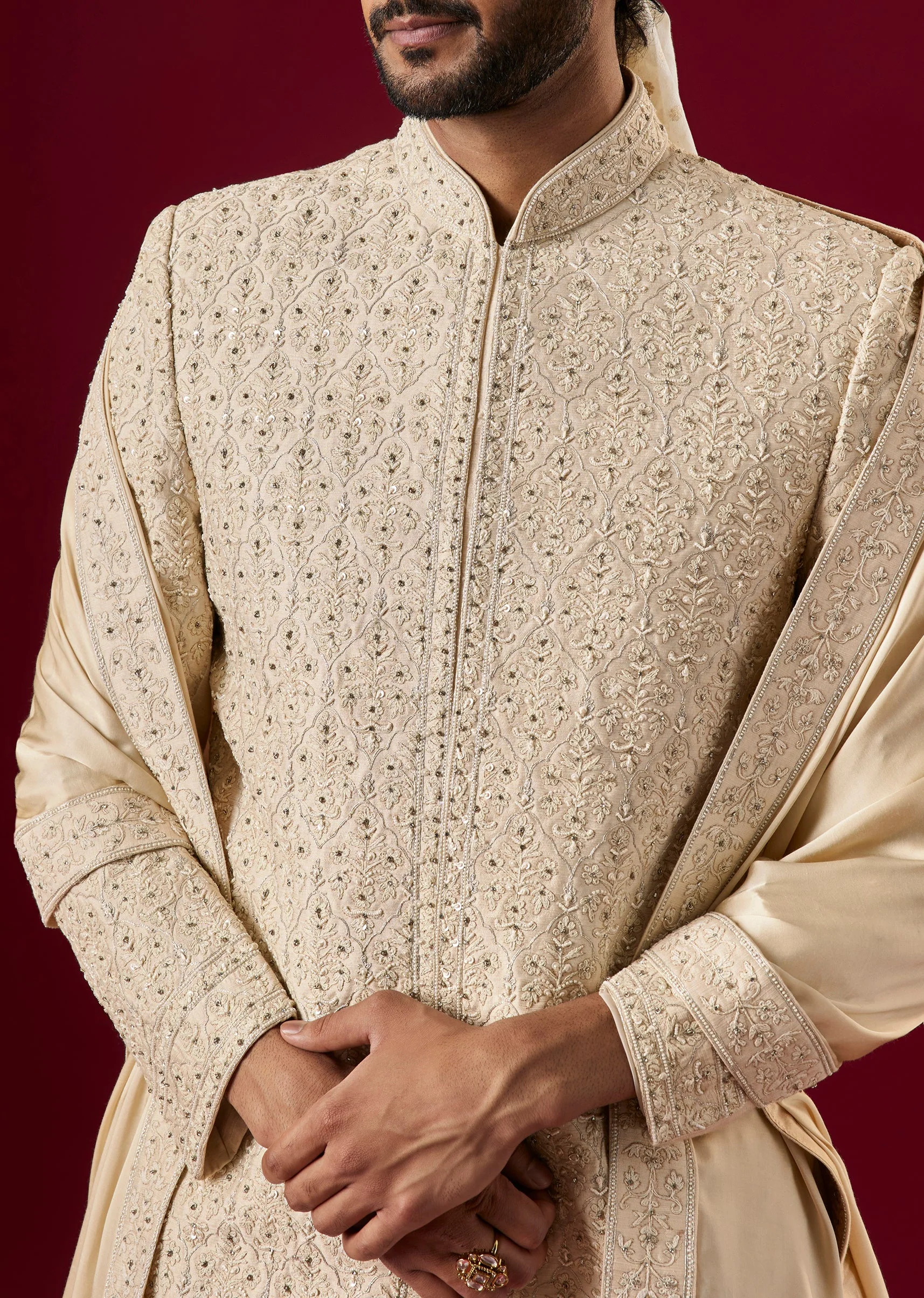 Beige Silk Sherwani Set With Aari And Dori Work - Image 5
