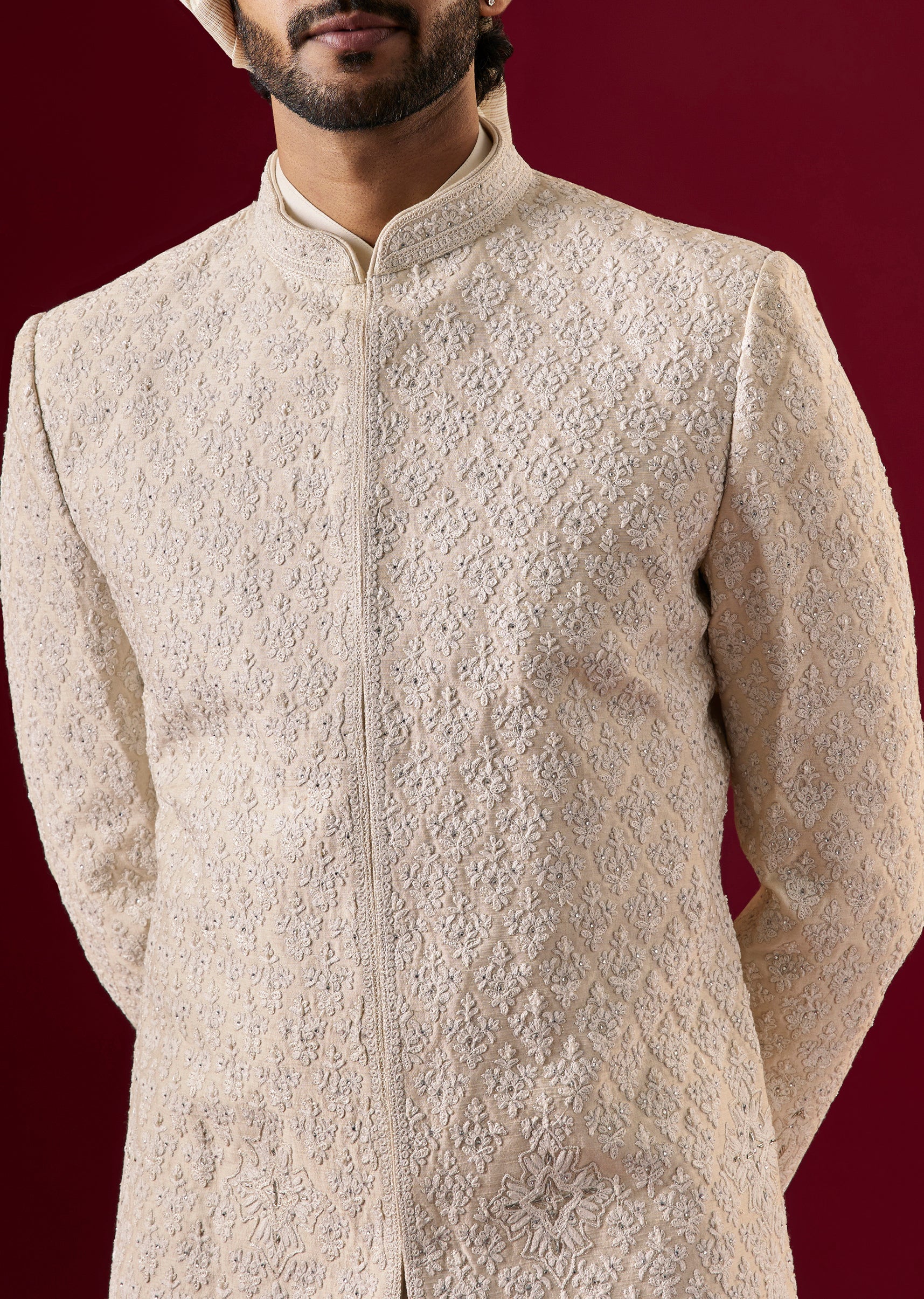 Beige Silk Sherwani Set With Dori Bead Work - Image 5
