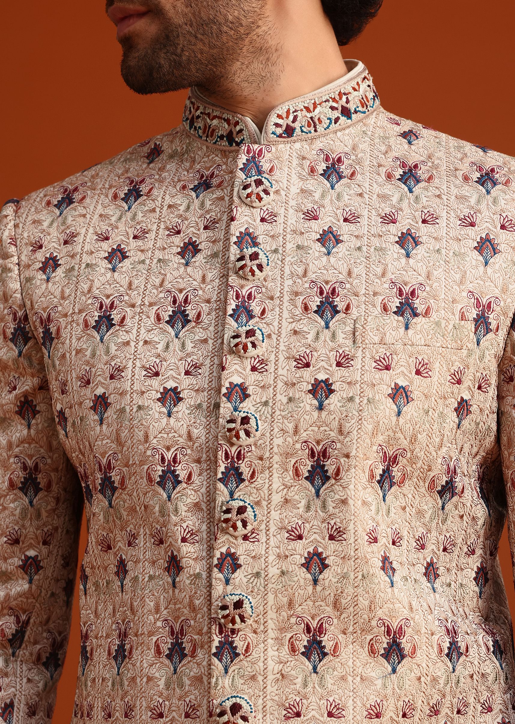 Beige Silk Sherwani Set With Resham Work - Image 2