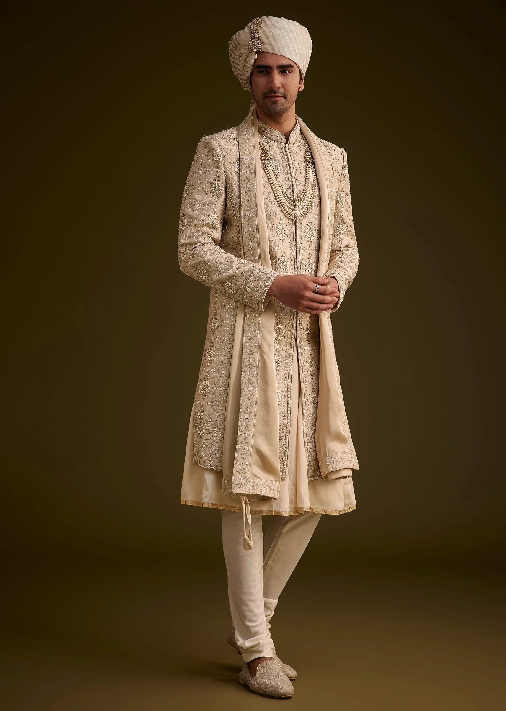 Beige Silk Sherwani Set With Zardosi Embroidery And Anarkali Kurta - Image 2