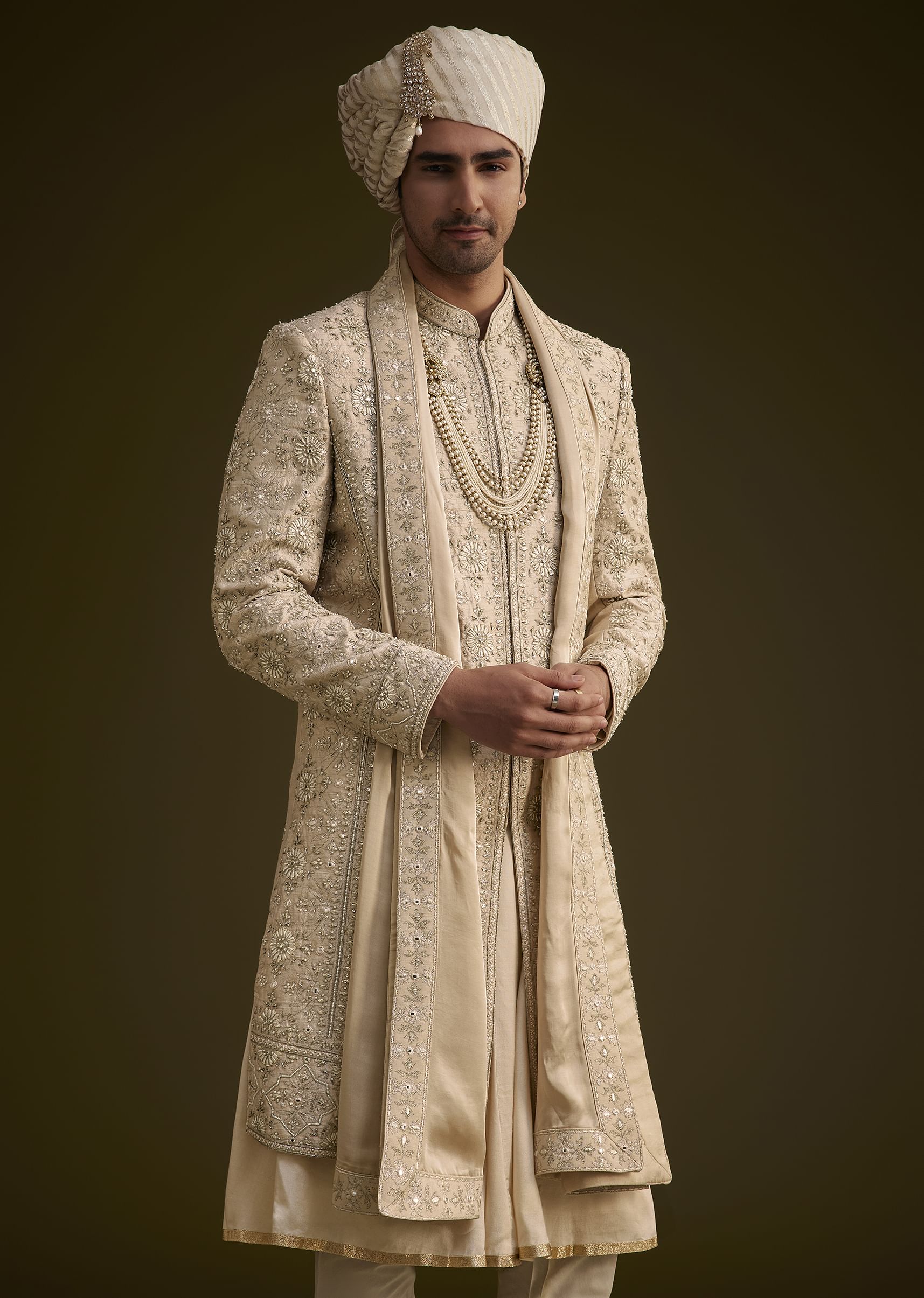 Beige Silk Sherwani Set With Zardosi Embroidery And Anarkali Kurta - Image 3