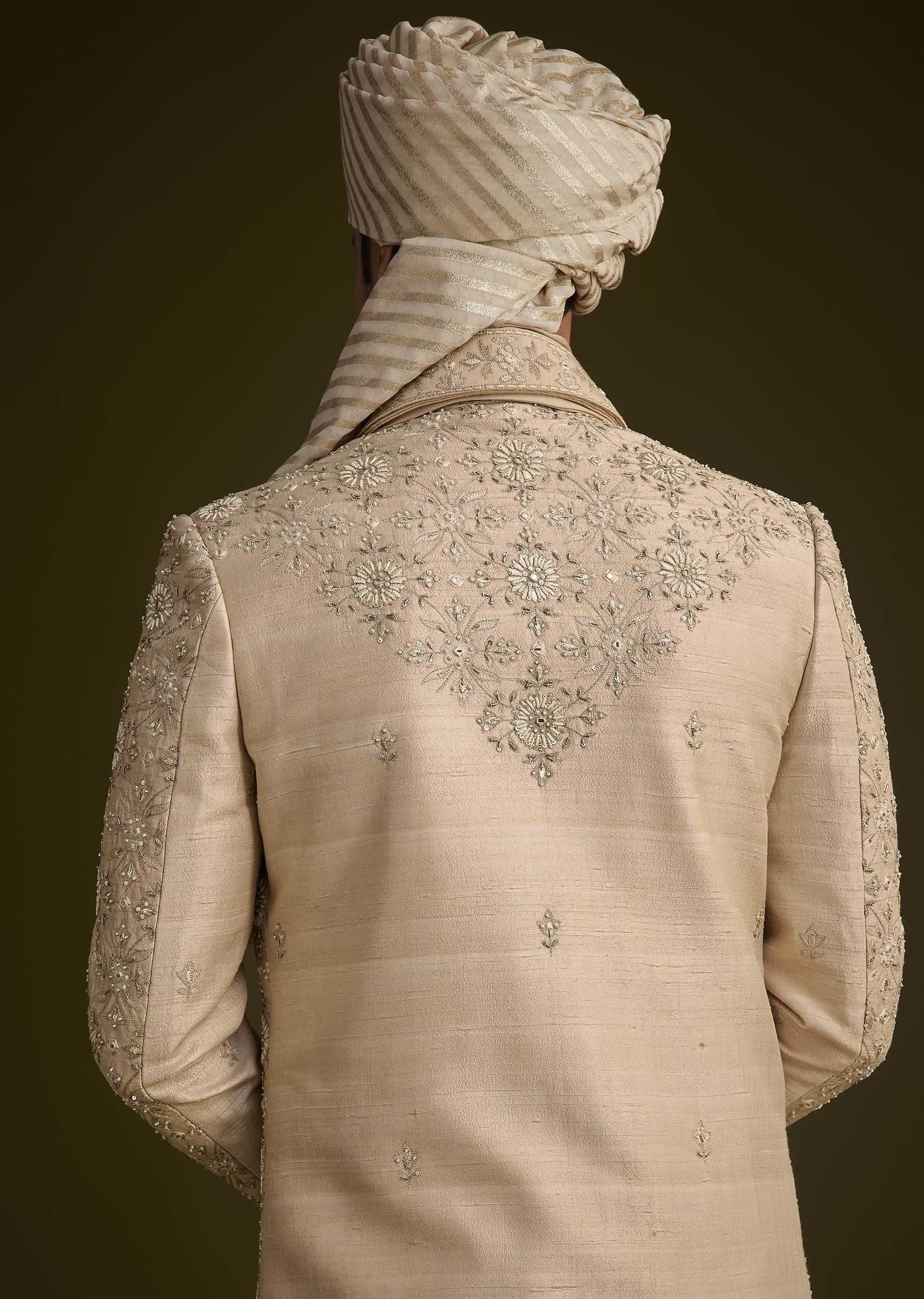 Beige Silk Sherwani Set With Zardosi Embroidery And Anarkali Kurta - Image 4