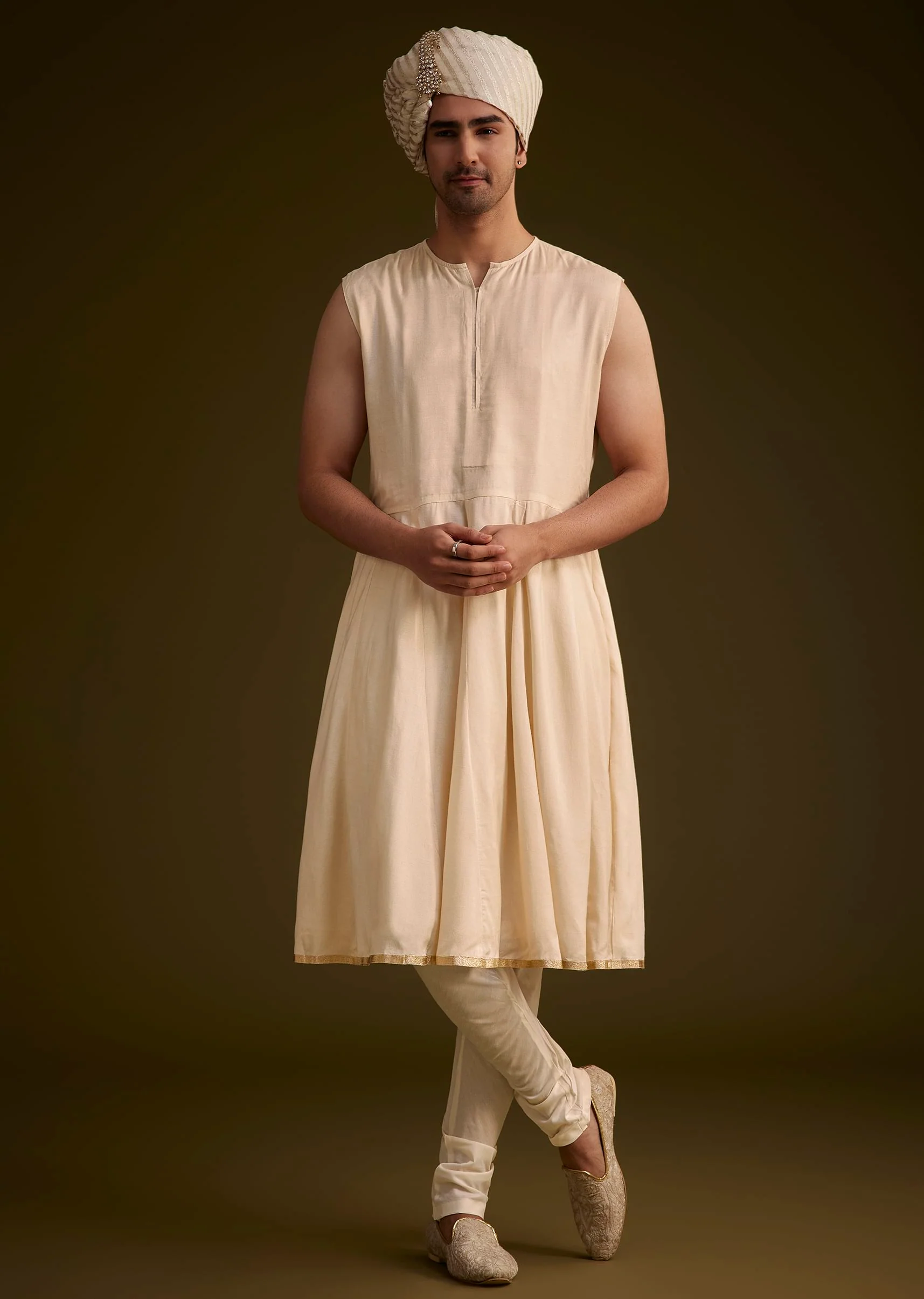 Beige Silk Sherwani Set With Zardosi Embroidery And Anarkali Kurta - Image 7