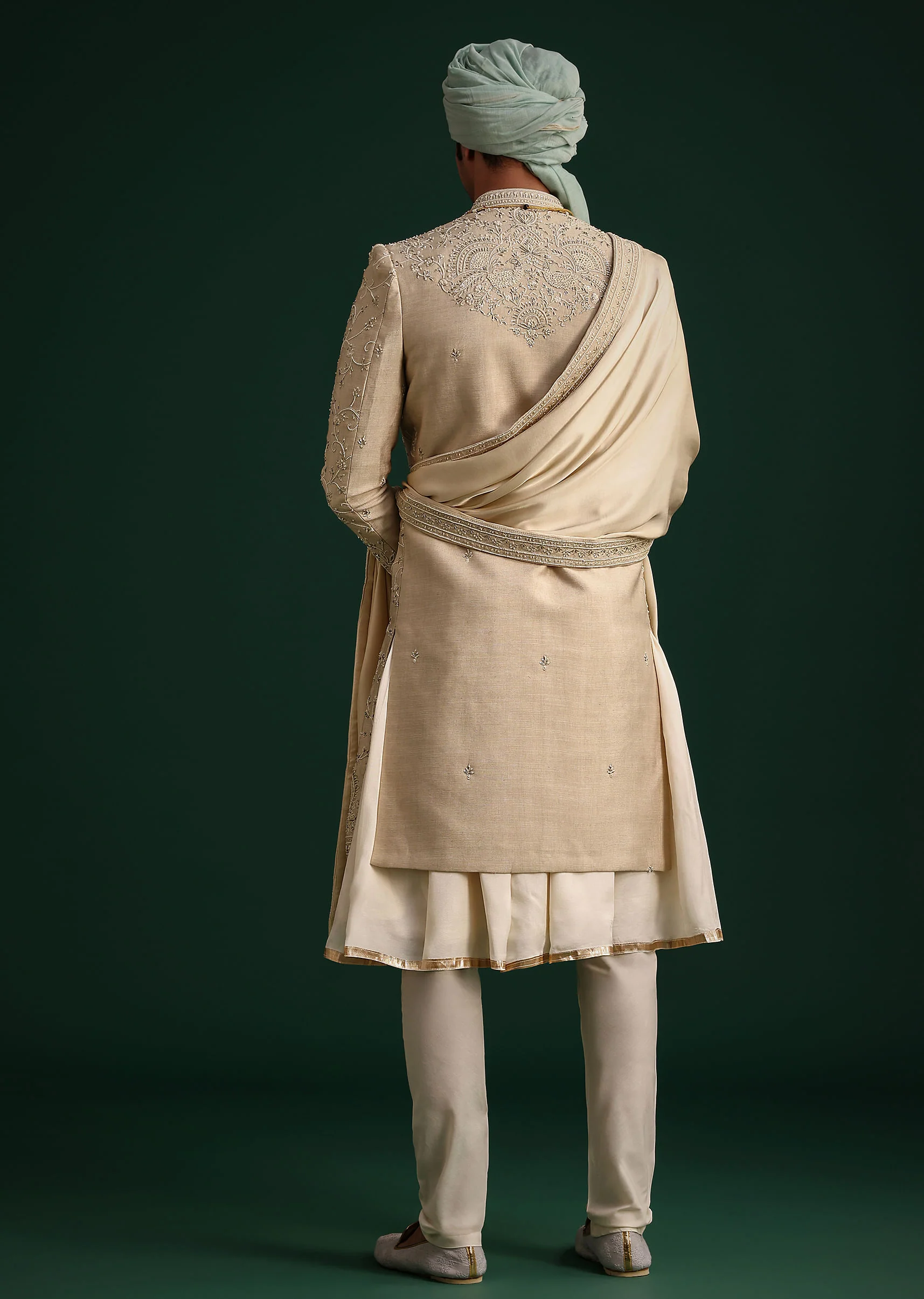 Beige Silk Sherwani Set With Zardozi Work - Image 5